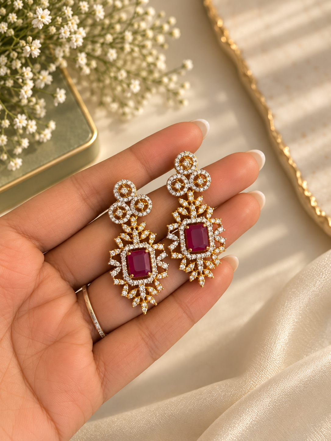 Ruby Pearl Necklace Set with Diamond Look Detailing