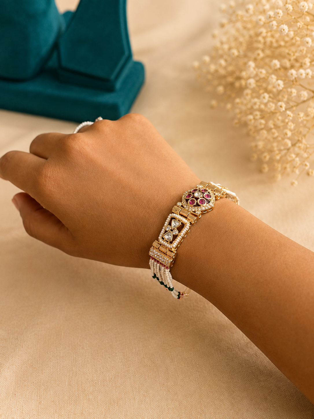 Traditional Pearl Beaded Bracelet with Ruby Accents