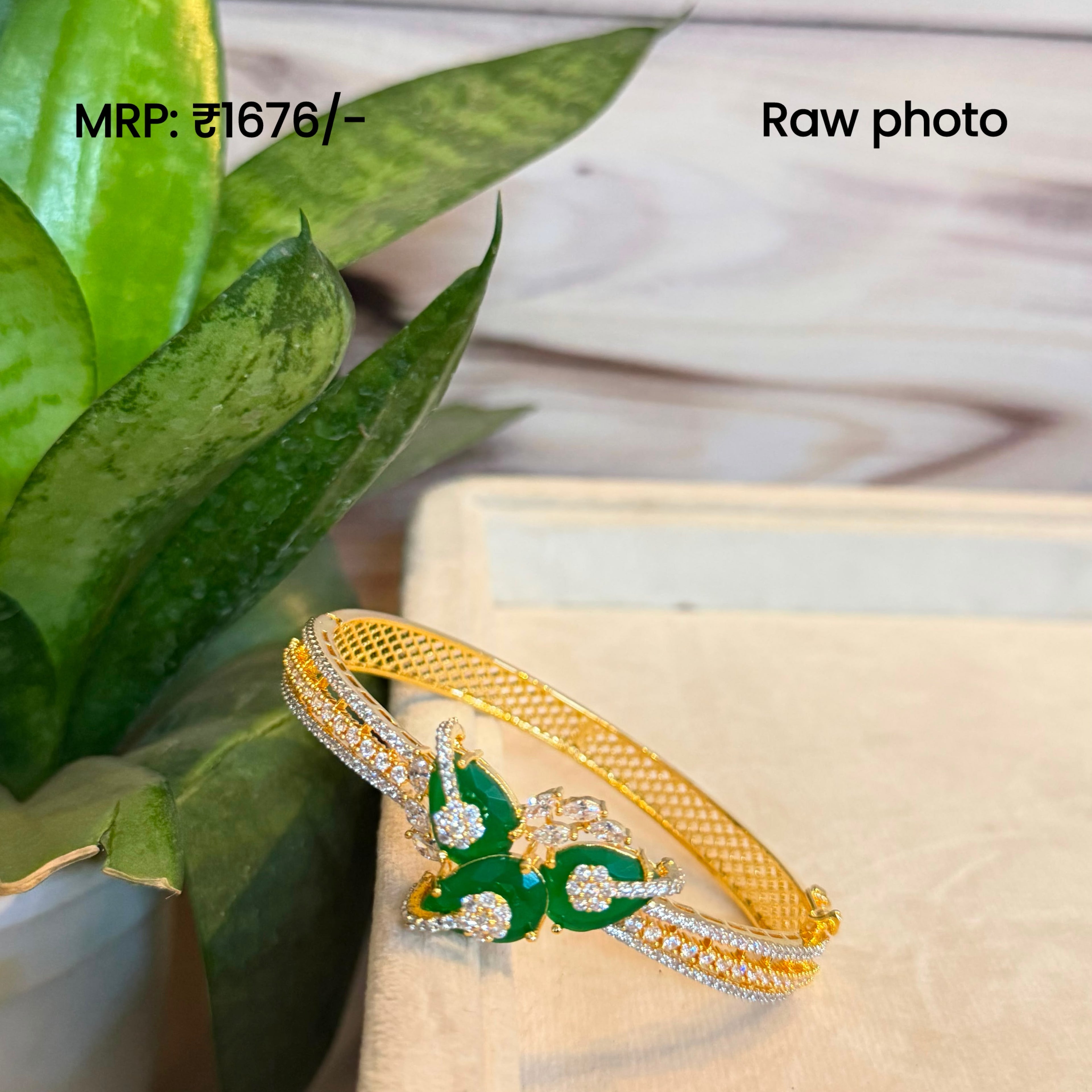 Emerald Butterfly Diamond Look Bracelet | Green Stone Designer Open Kada