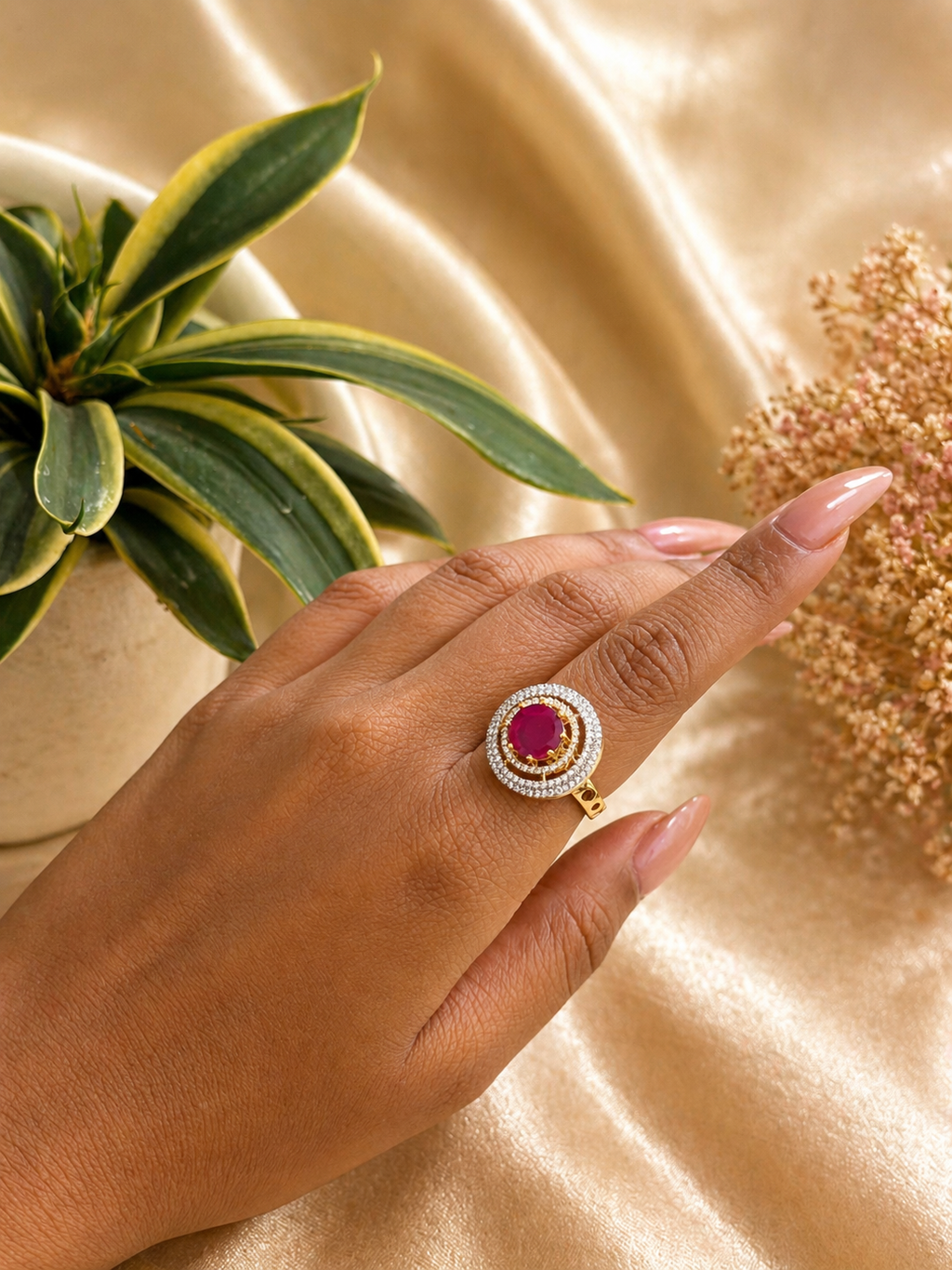 Ruby Stone Halo Statement Ring with Zircon Detailing (Adjustable)