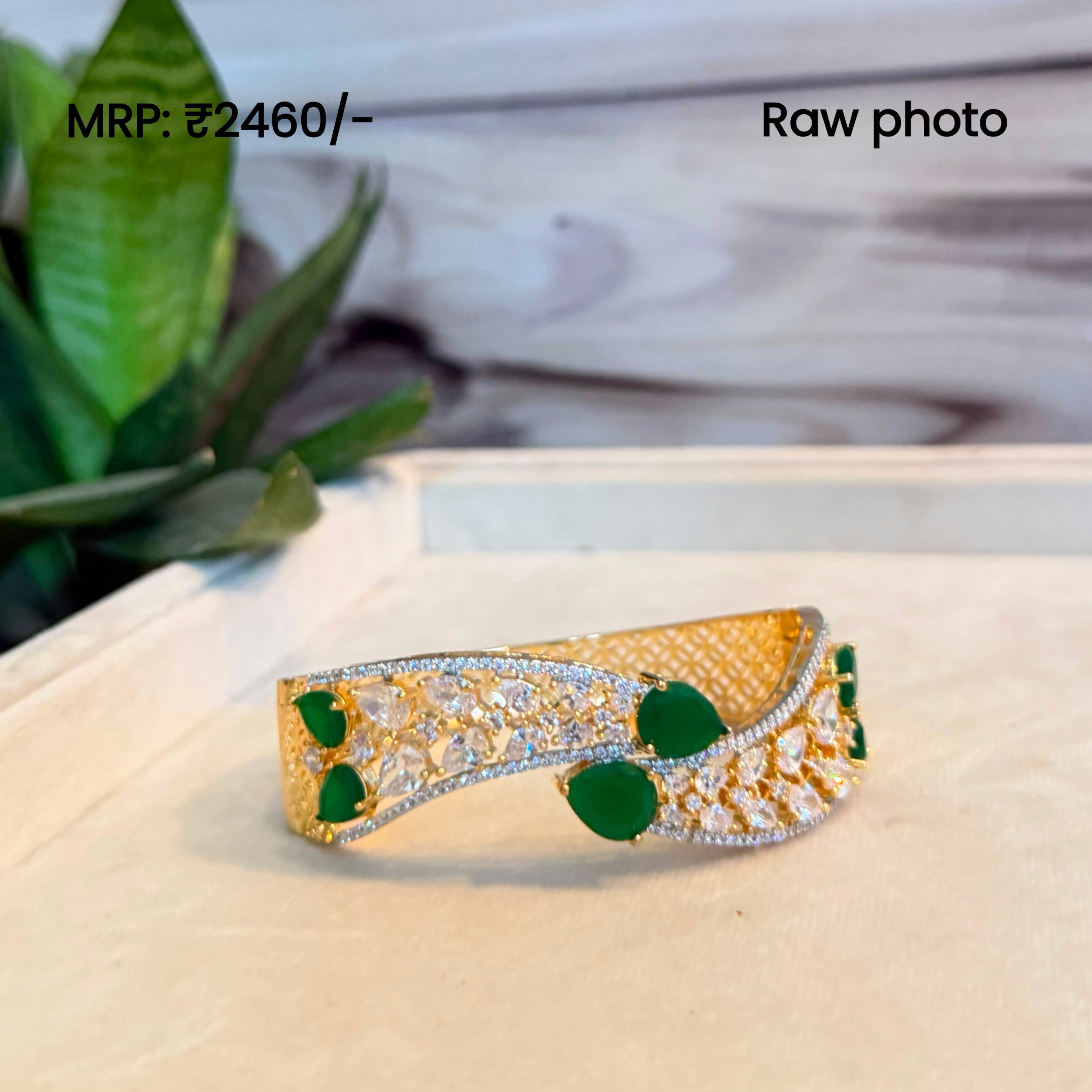 Emerald Wave Diamond Look Cuff Bracelet | Premium Gold Finish Kada for Women