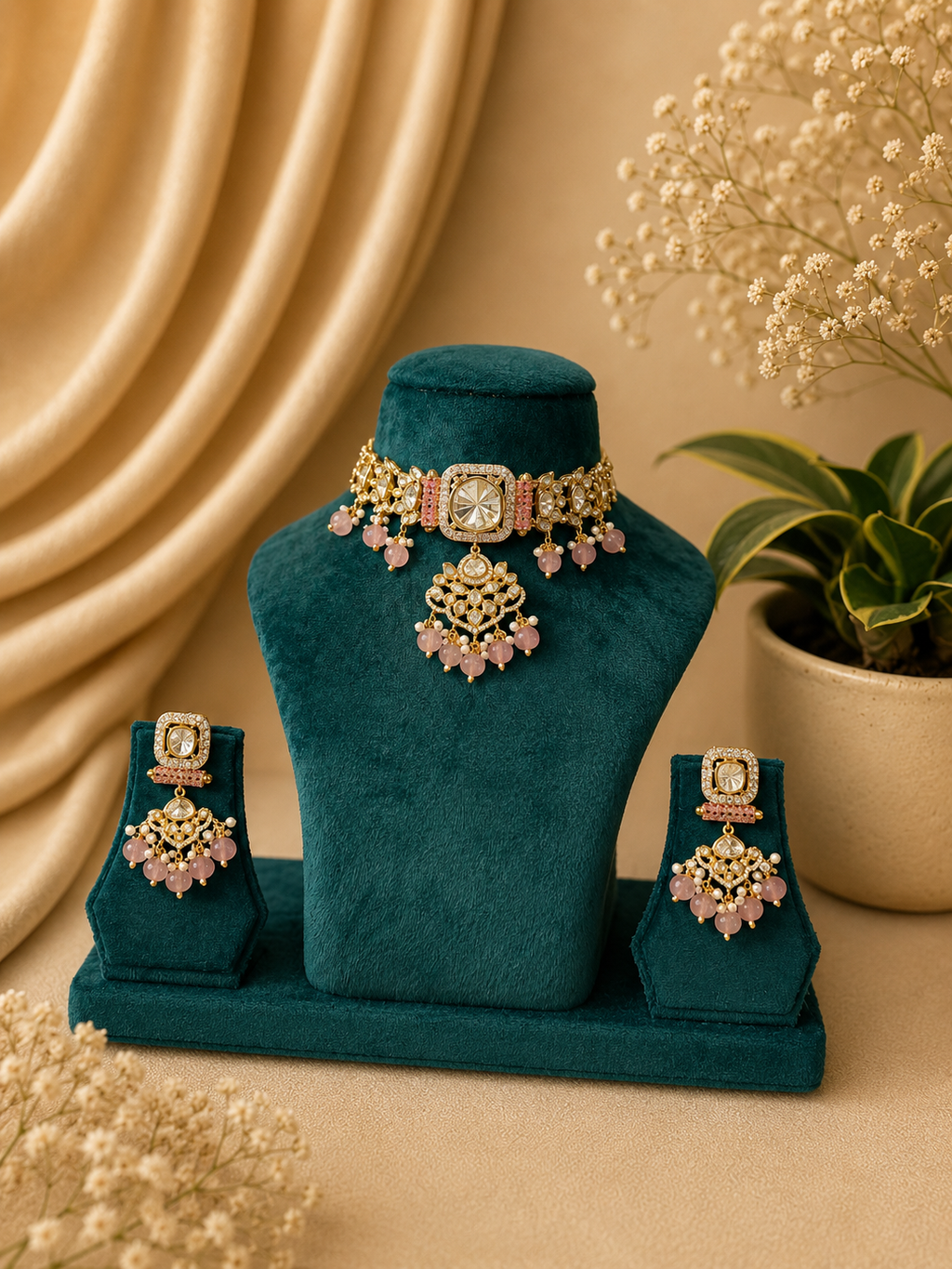 Emerald Kundan Choker Necklace Set