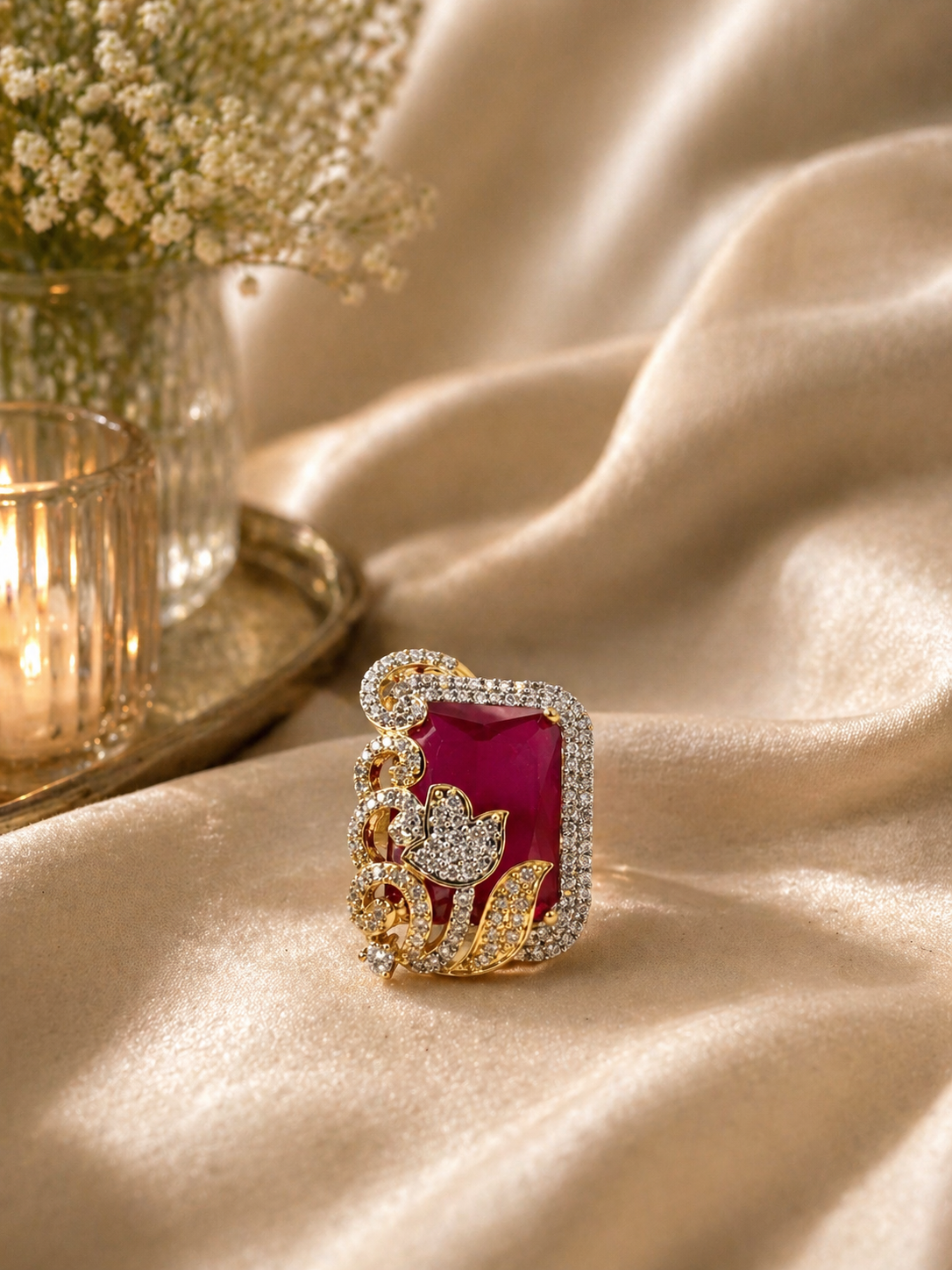 Ruby Stone Statement Cocktail Ring with Diamond Look Detailing