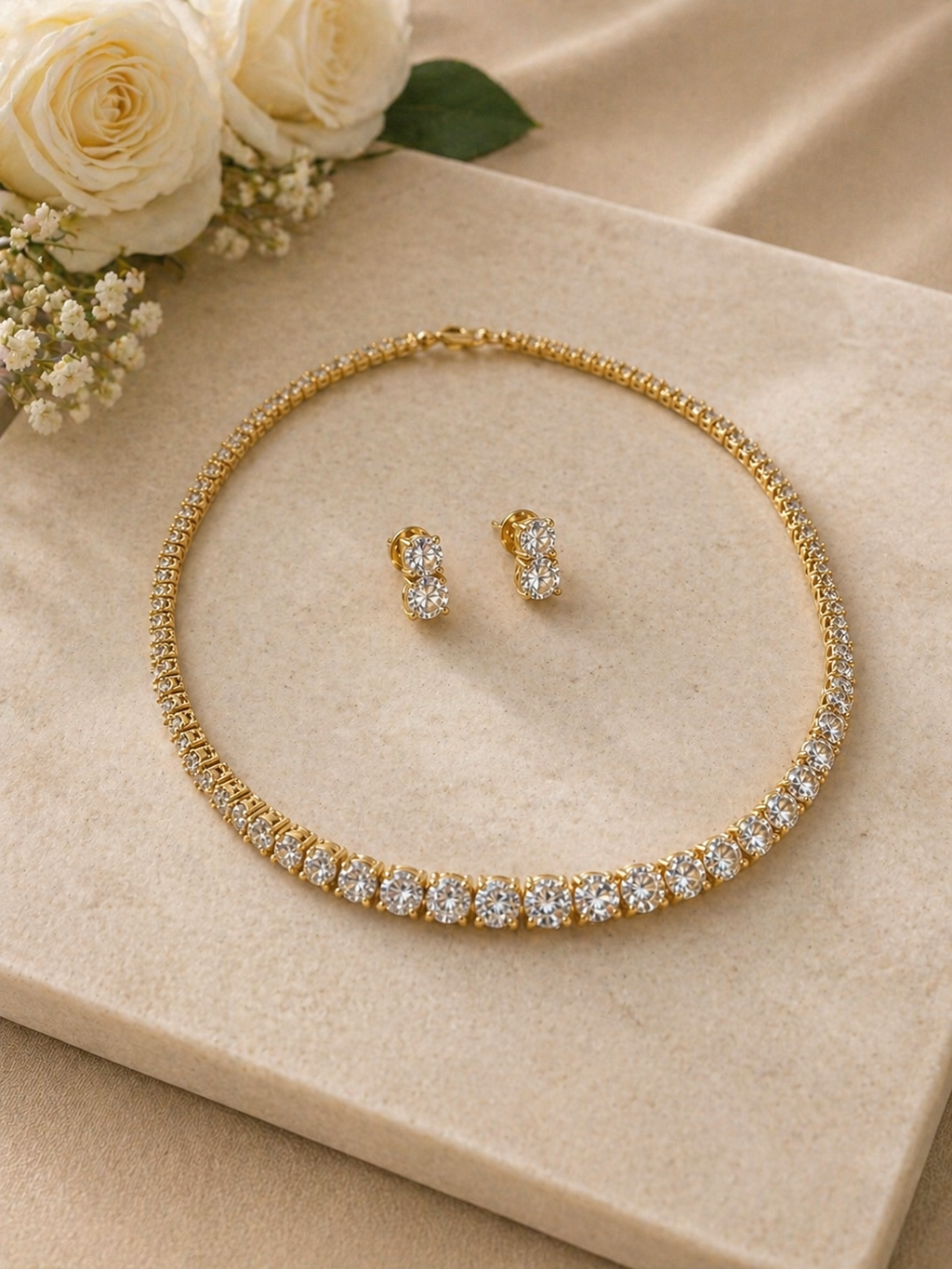 Gold Plated American Diamond Tennis Necklace Set with Stud Earrings