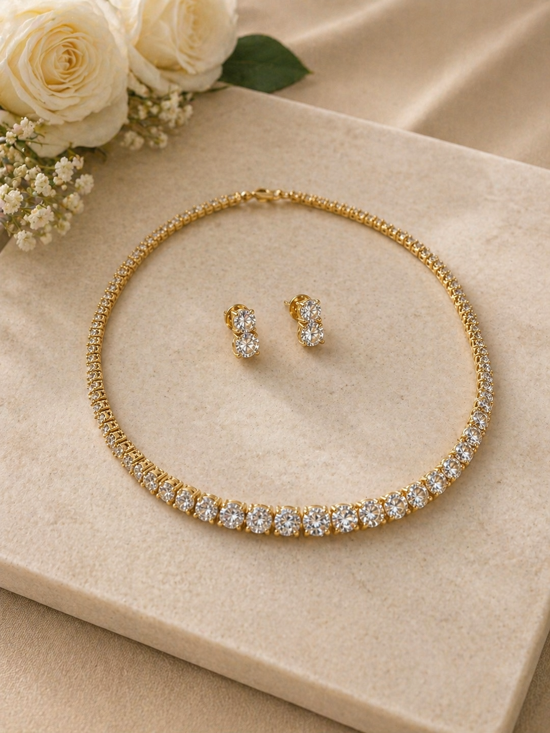 Gold Plated American Diamond Tennis Necklace Set with Stud Earrings