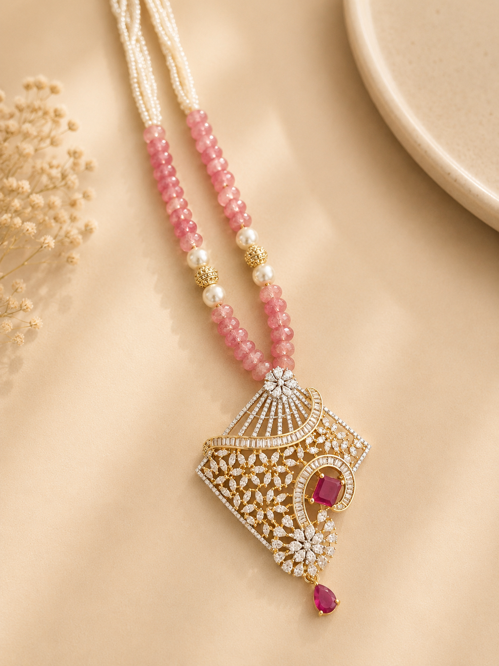 Pink Beaded American Diamond Pendant Necklace Set with Earrings | Designer Statement Jewellery