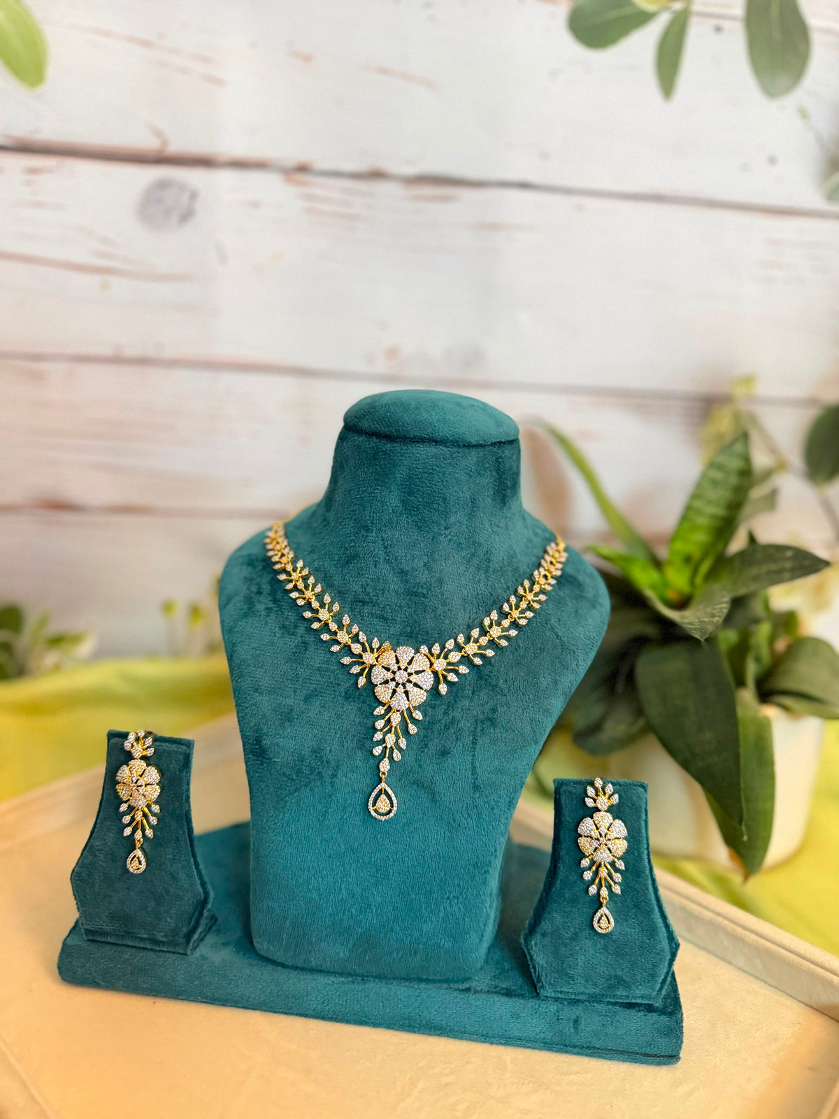 Gold Plated American Diamond Floral Bridal Necklace Set with Drop Earrings