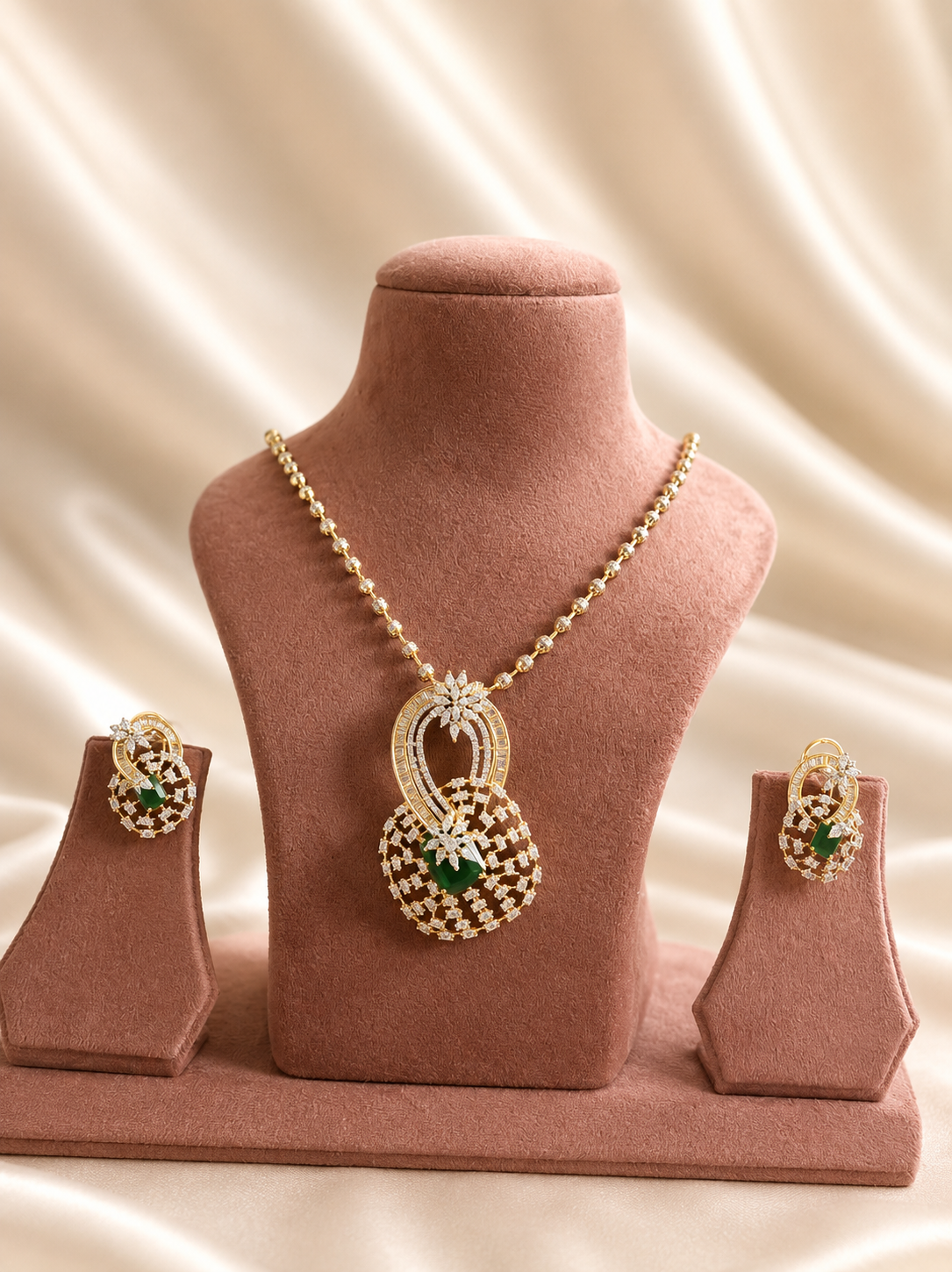 Emerald Green American Diamond Pendant Necklace Set with Earrings | Designer Party Wear Jewellery