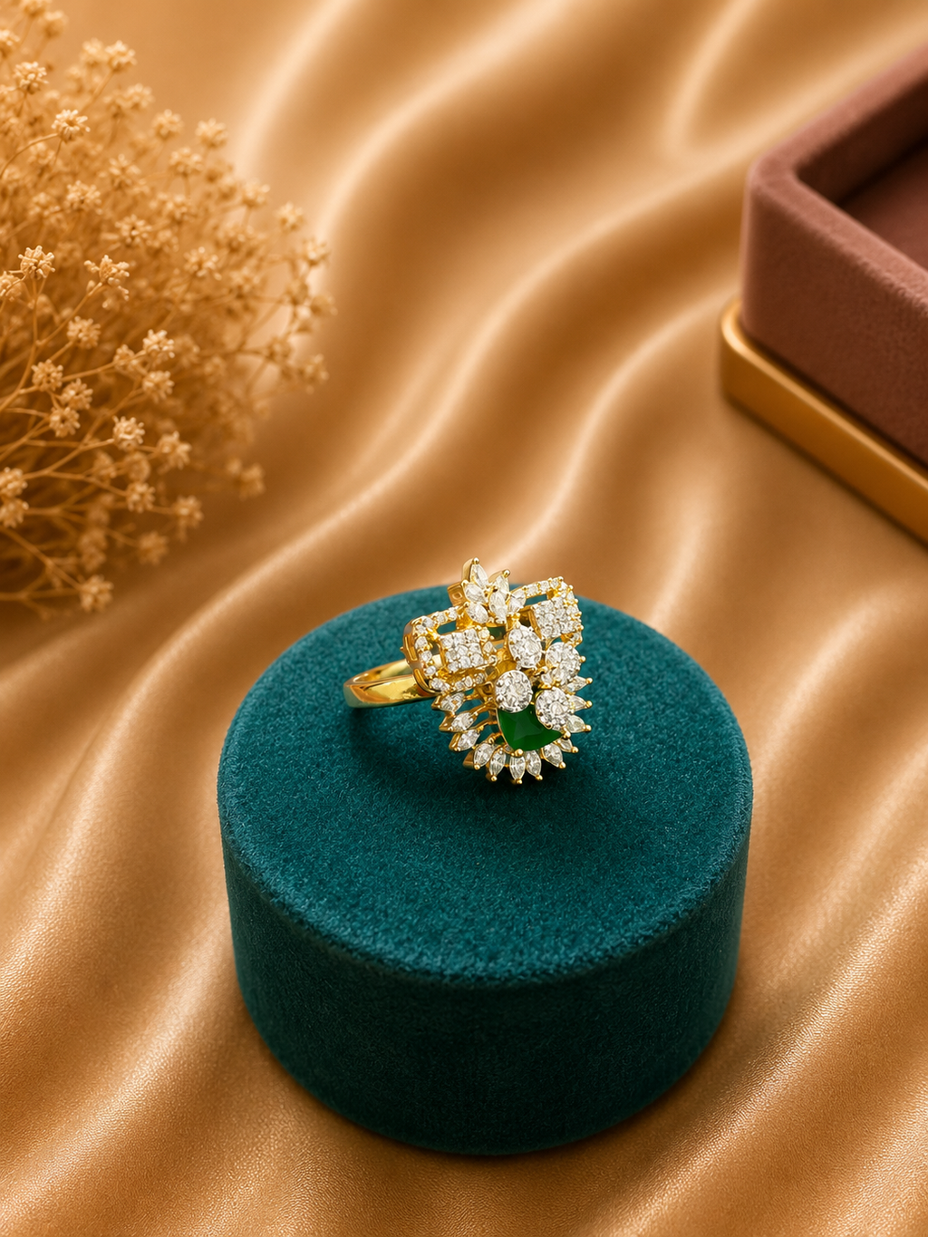 Emerald Green Floral Statement Ring | American Diamond Designer Cocktail Ring for Women