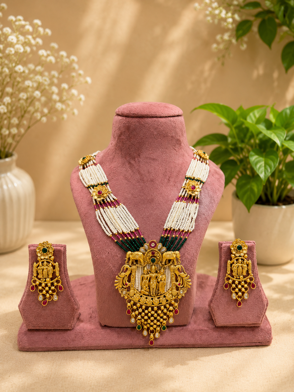 Temple Lakshmi Pearl Haar Set | South Indian Bridal Necklace Set