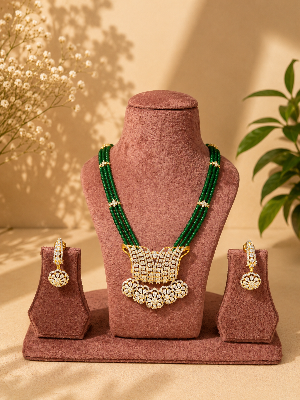 Emerald Beaded Diamond Pendant Set | Luxury Green Bead Necklace