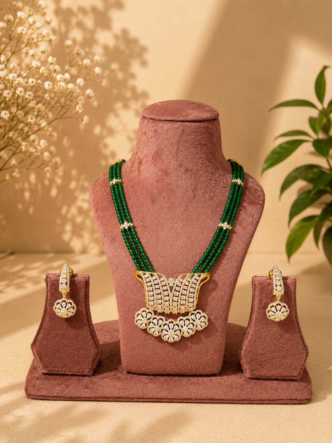 Emerald Beaded Diamond Pendant Set | Luxury Green Bead Necklace