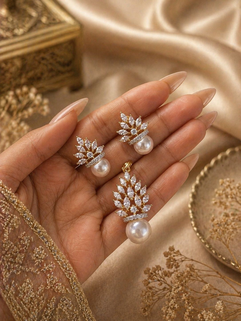 Gold Plated Pearl Drop Earrings with Leaf Design and Matching Pendant Set