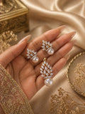Gold Plated Pearl Drop Earrings with Leaf Design and Matching Pendant Set