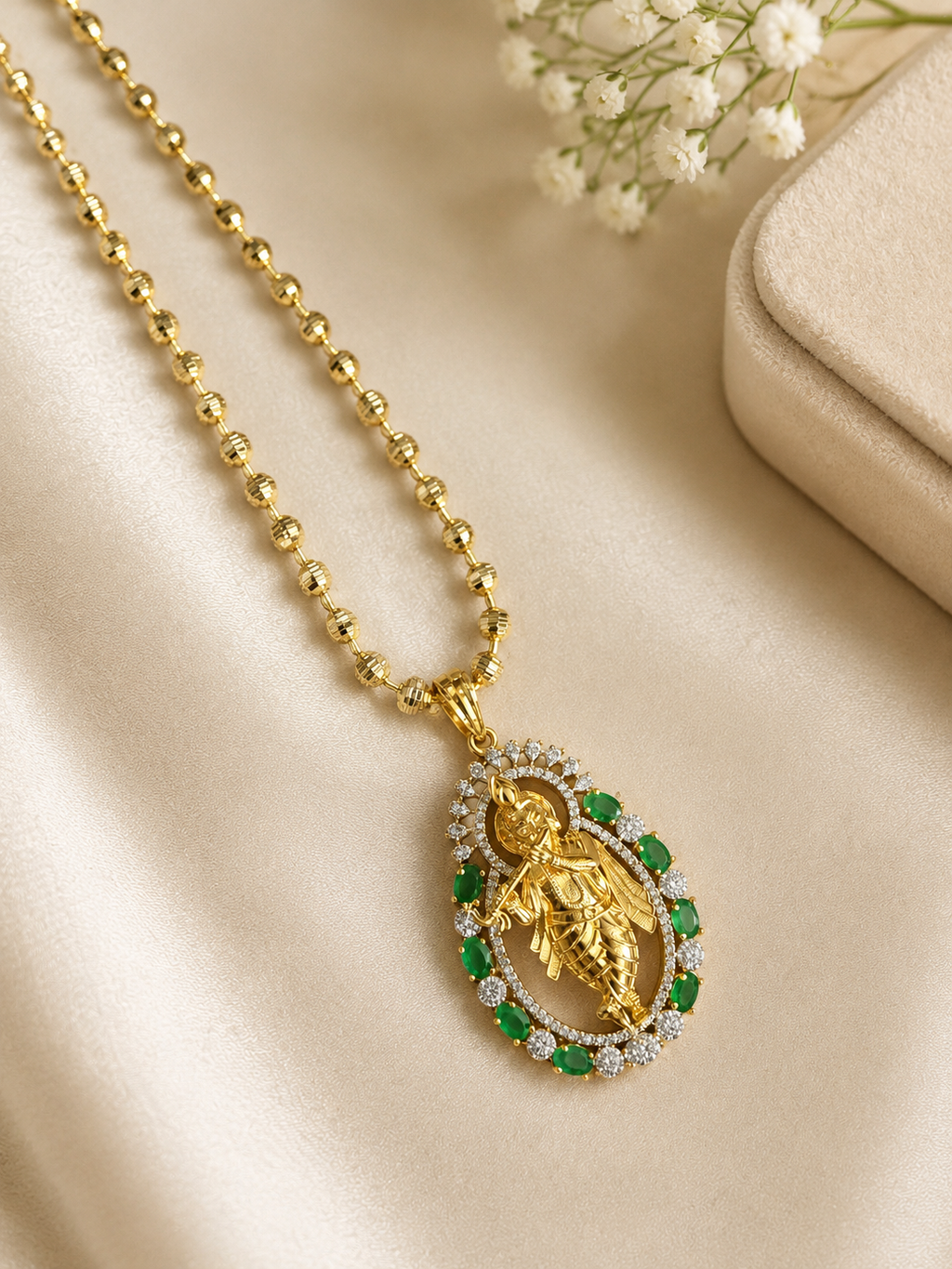 Radha Krishna Pendant Necklace Set with Green Stones | Spiritual American Diamond Jewellery