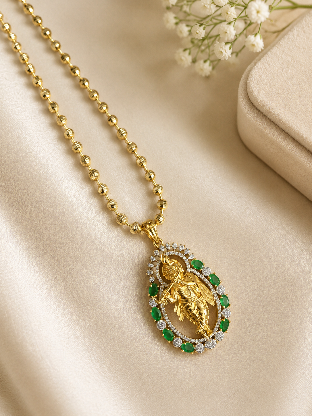 Radha Krishna Pendant Necklace Set with Green Stones | Spiritual American Diamond Jewellery