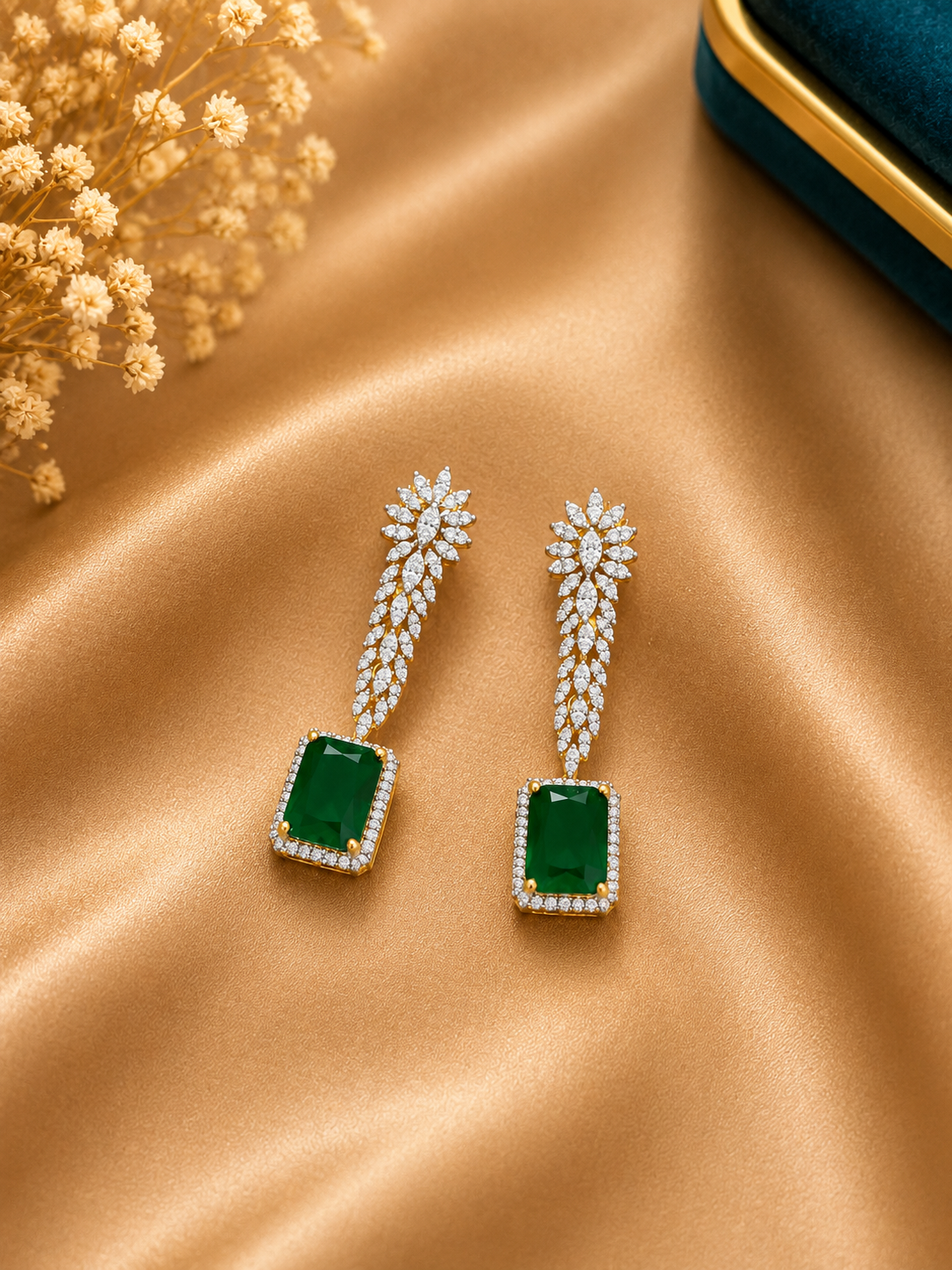 Emerald Green American Diamond Y Necklace Set with Matching Earrings | Luxury Designer Jewellery