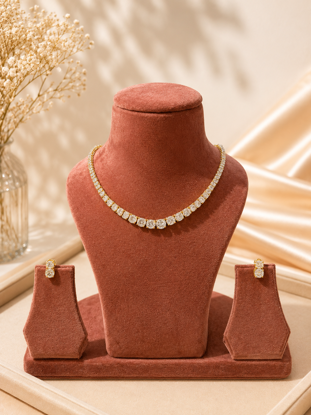 Classic Crystal Tennis Necklace Set with Stud Earrings