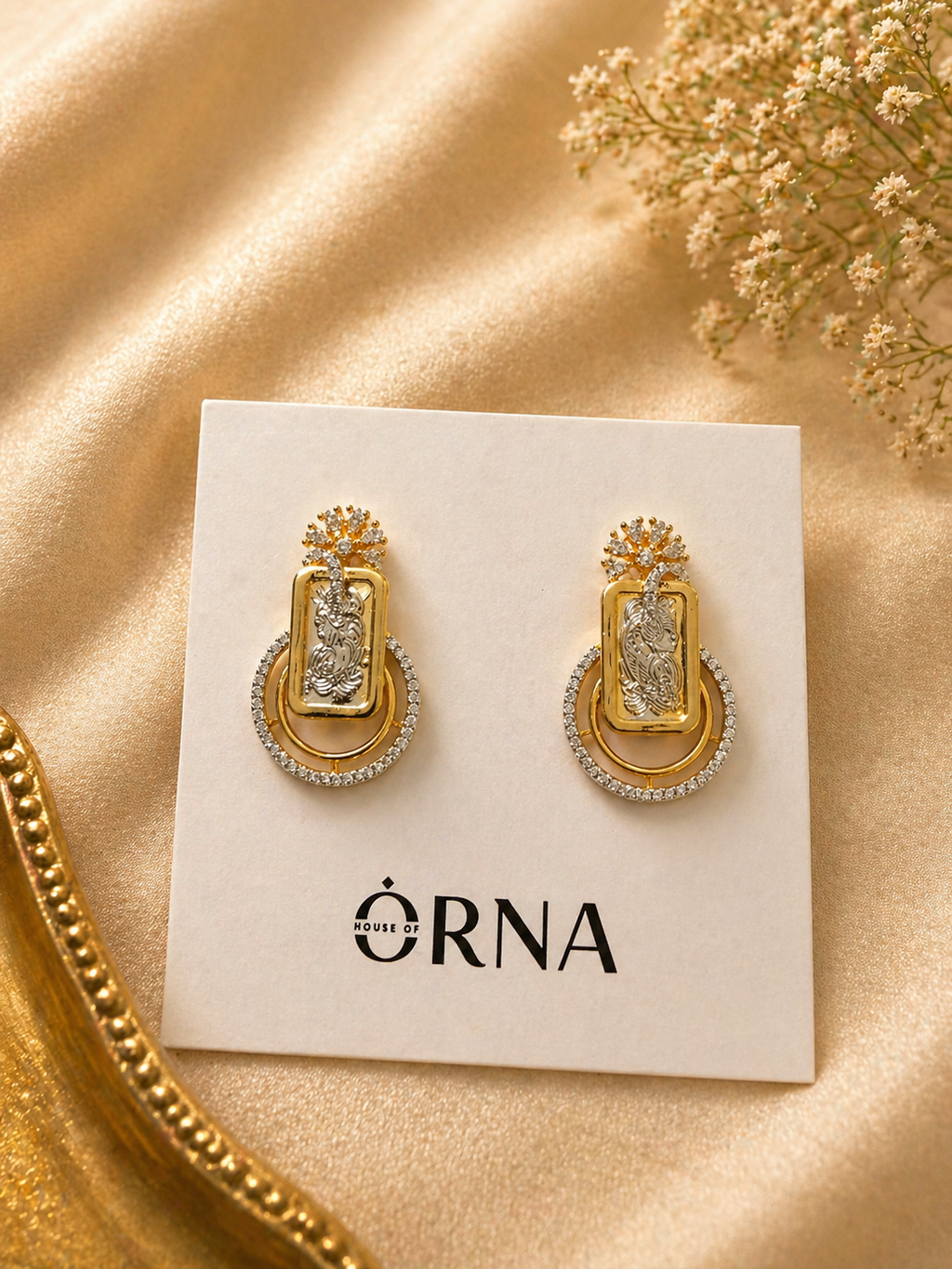 Gold Plated Layered Pendant Necklace Set with Rectangular Motif and Stud Earrings