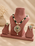 Emerald Green Beaded American Diamond Pendant Necklace Set with Earrings | Designer Wedding Jewellery