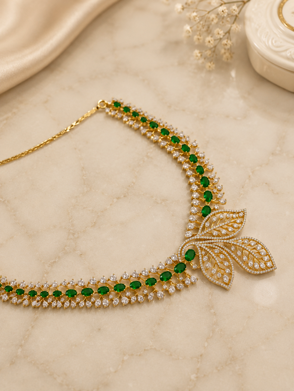 Emerald Leaf Symphony Necklace Set | Diamond Look Green Stone Designer Jewellery Set