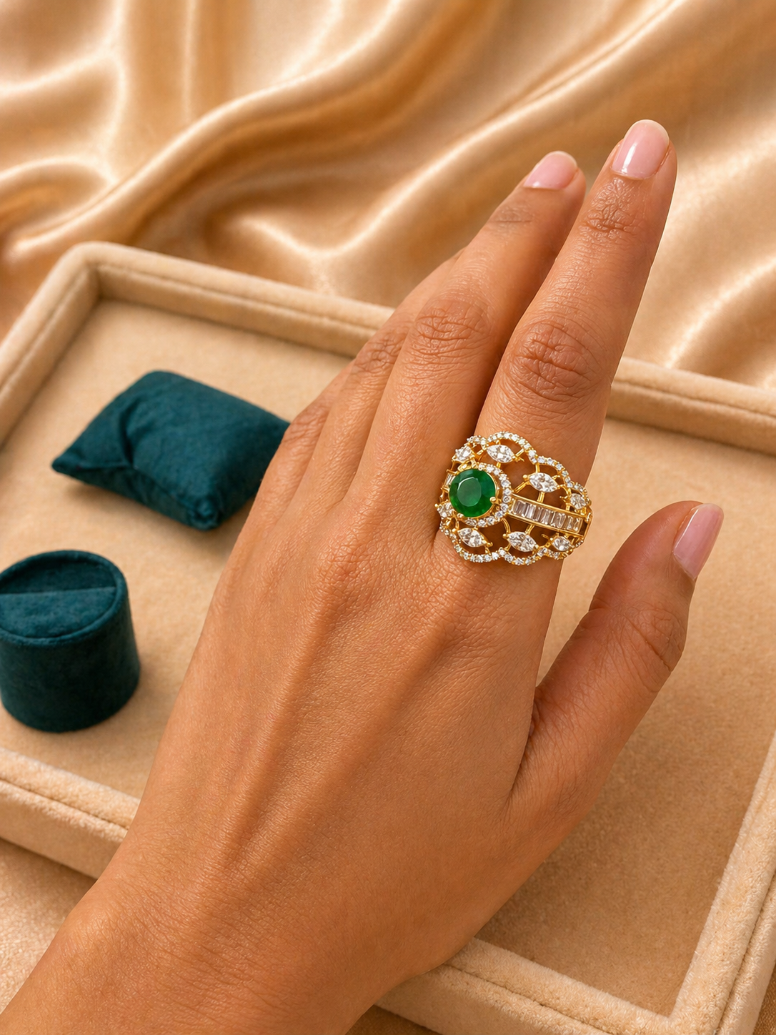 Adjustable Ruby Red/Green Floral Statement Ring with Diamond Look Detailing