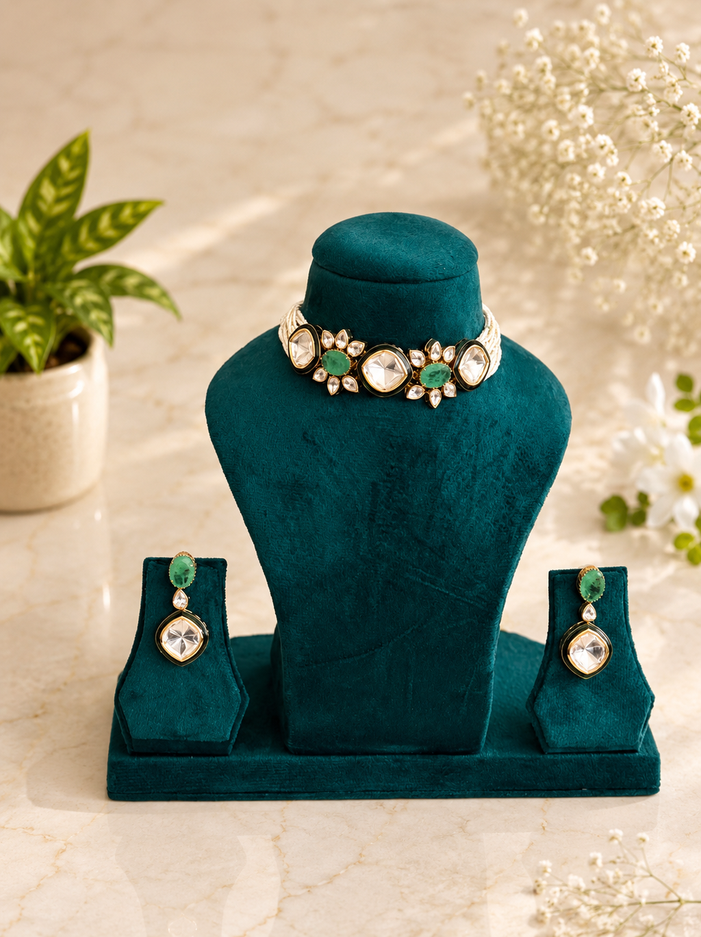 Emerald Kundan Choker Set | Green Stone Traditional Polki Necklace Set