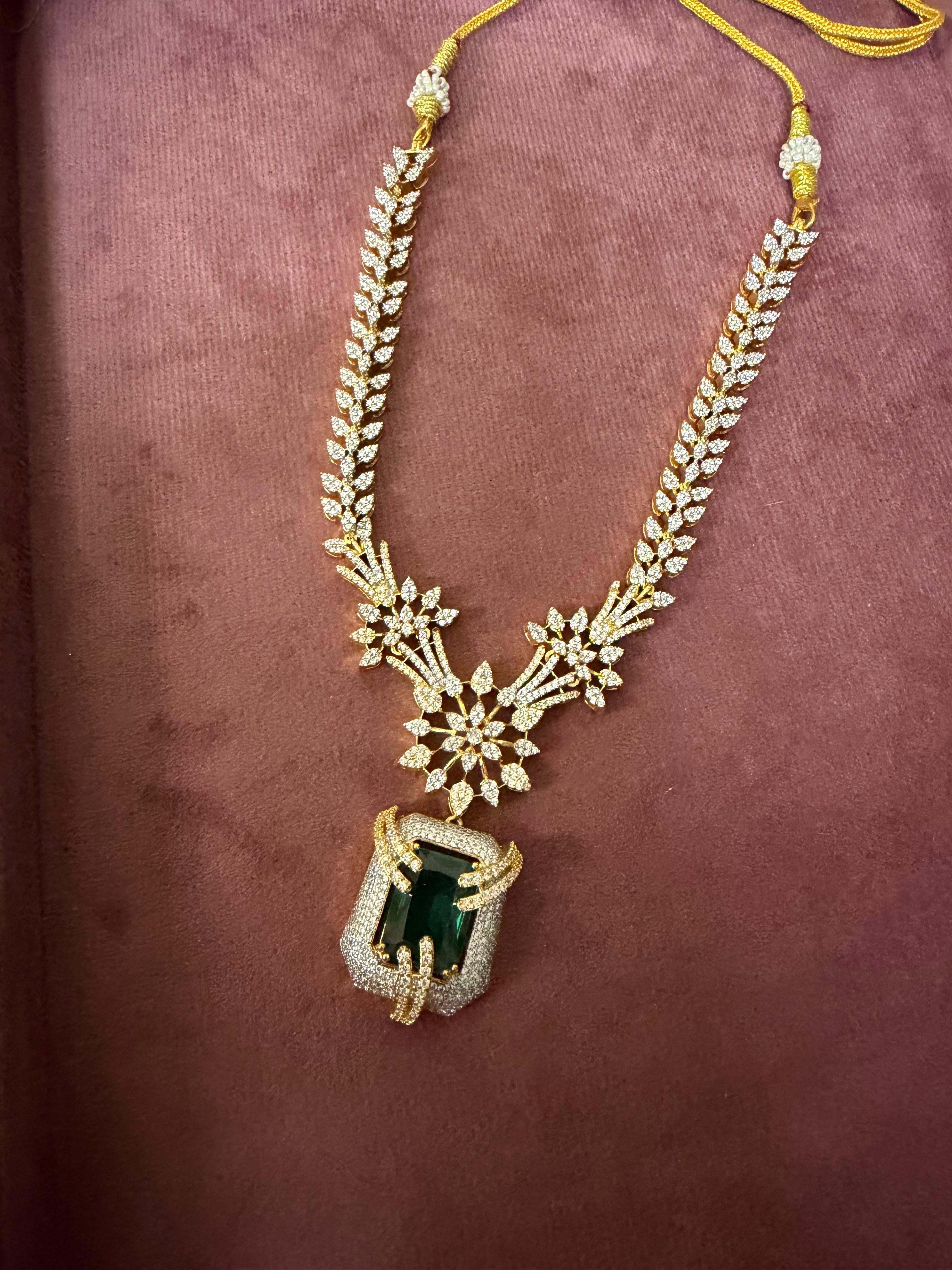 Emerald Drop Diamond Floral Necklace Set