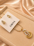 Gold Plated Oval Drop Pendant Necklace Set with Stone Detailing and Stud Earrings
