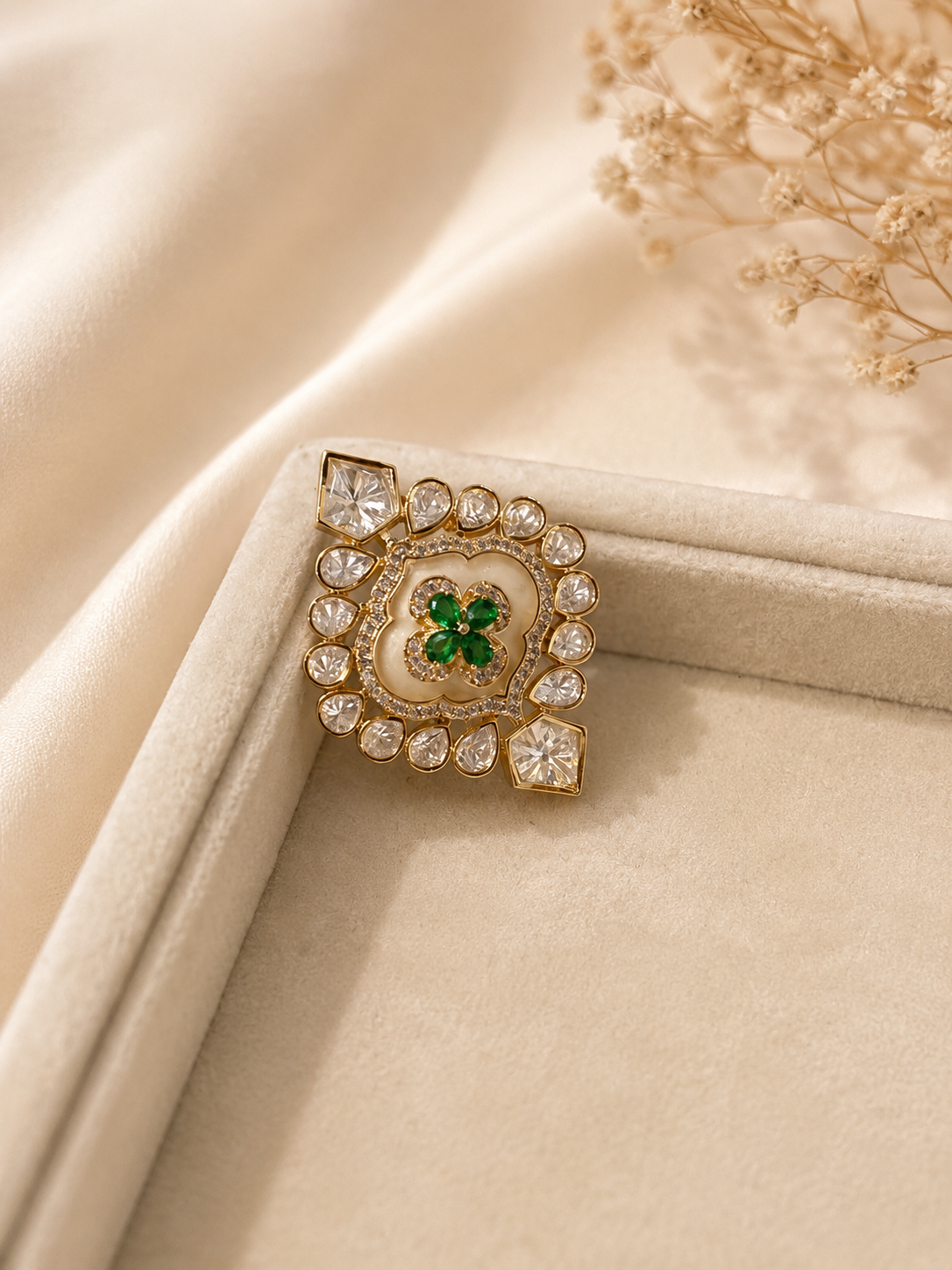 Green Clover Statement Ring with Zircon Detailing