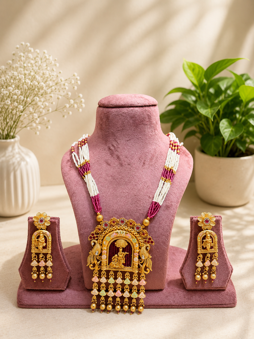 Temple Radha Krishna Pearl Pendant Necklace | Antique Gold Long Temple Necklace | Anti Tarnish