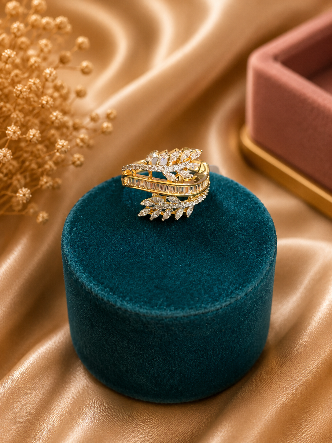 Diamond Leaf Wrap Ring | American Diamond Adjustable Designer Statement Ring for Women