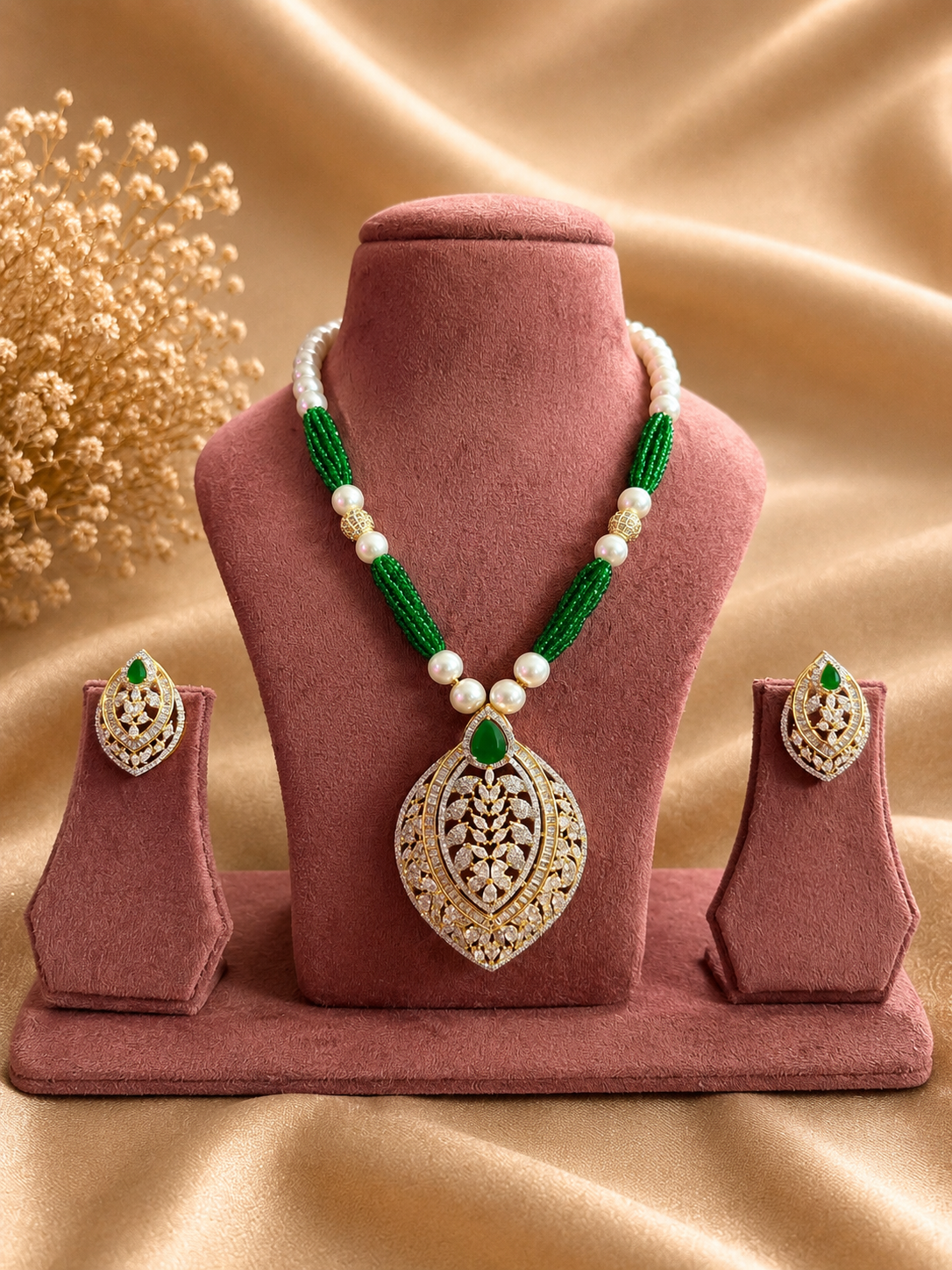 Green Beaded American Diamond Pendant Necklace Set with Matching Earrings | Leaf Motif Designer Jewellery