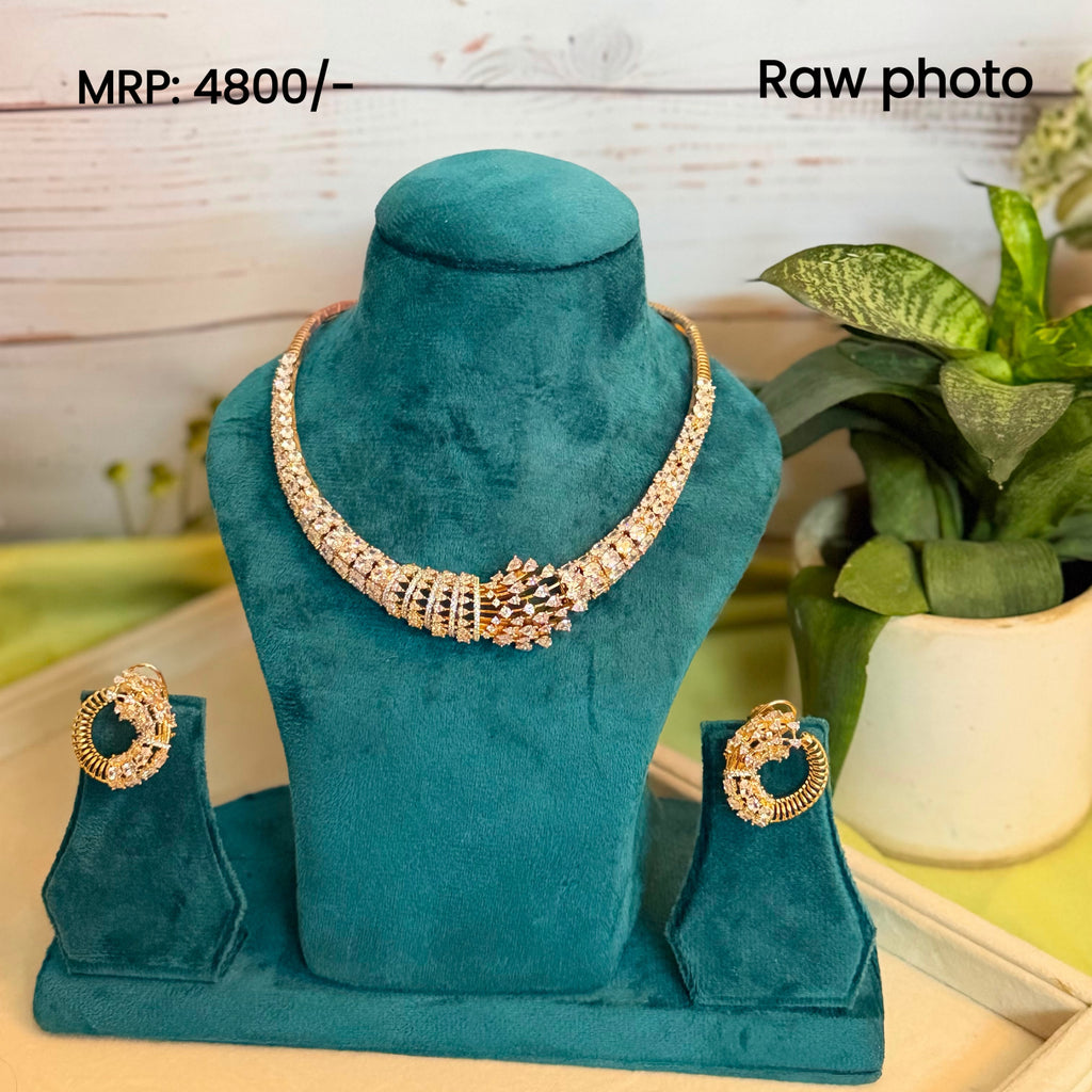 Gold Plated American Diamond Choker Necklace Set with Statement Hoop Earrings