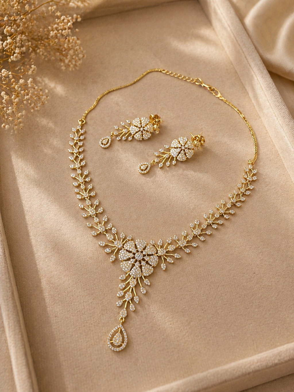 Gold Plated American Diamond Floral Bridal Necklace Set with Drop Earrings