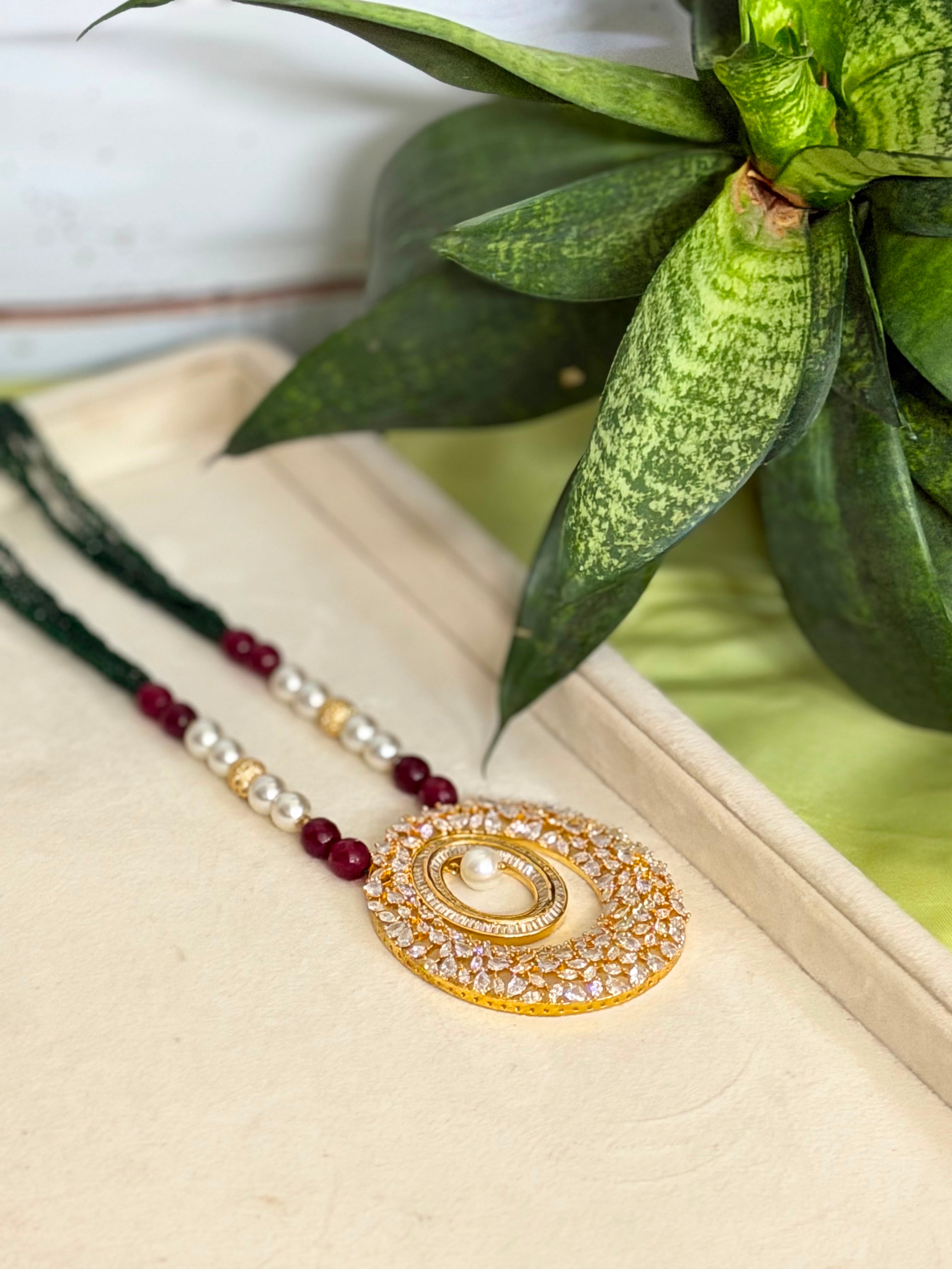 Ruby Pearl Statement Pendant Set | Maroon & Green Beaded Necklace | Anti Tarnish