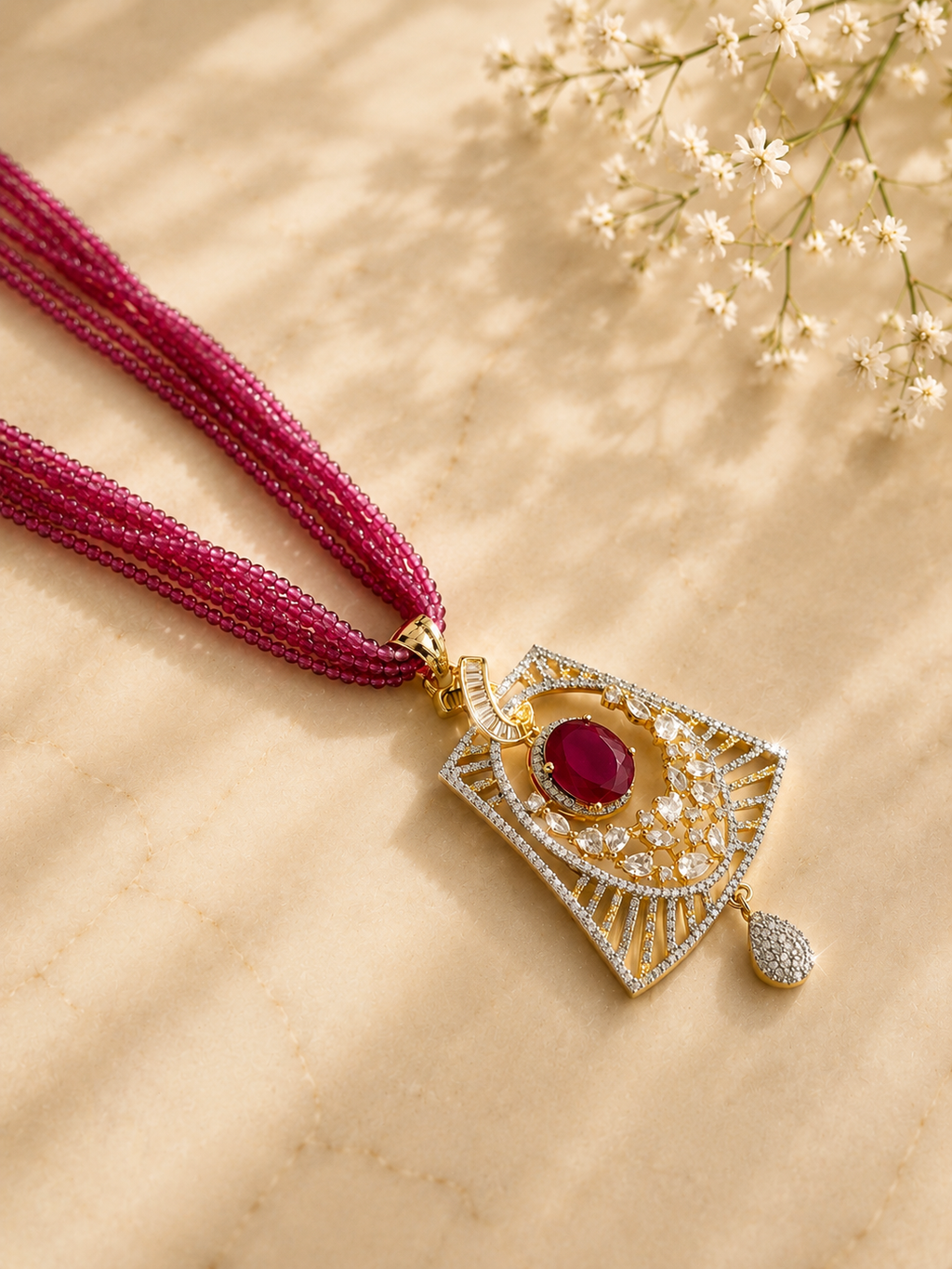 Ruby Royale Beaded Pendant Set | Pink Stone Diamond Look Necklace Set