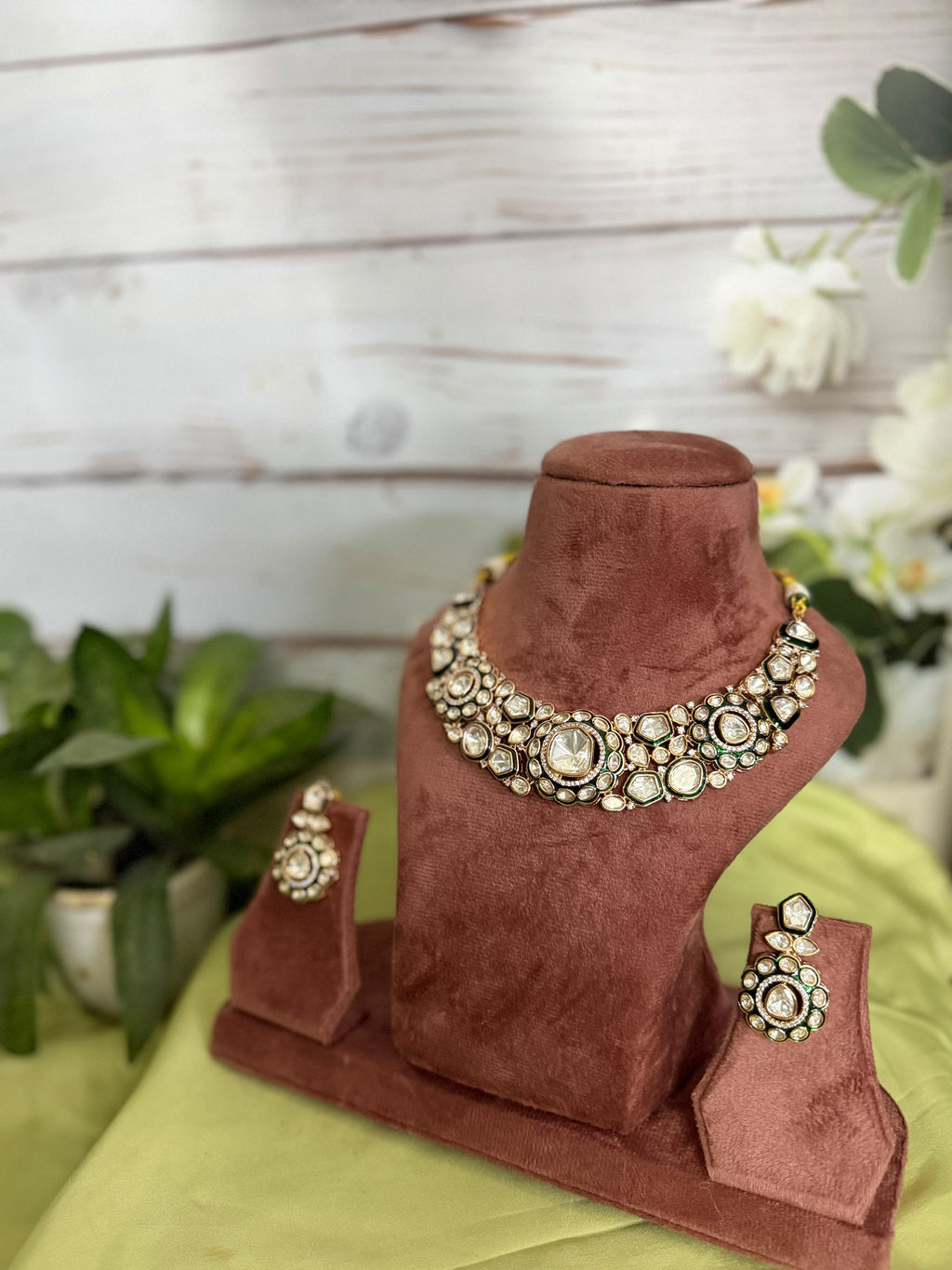 Green Kundan Necklace Set with Pearl Drops