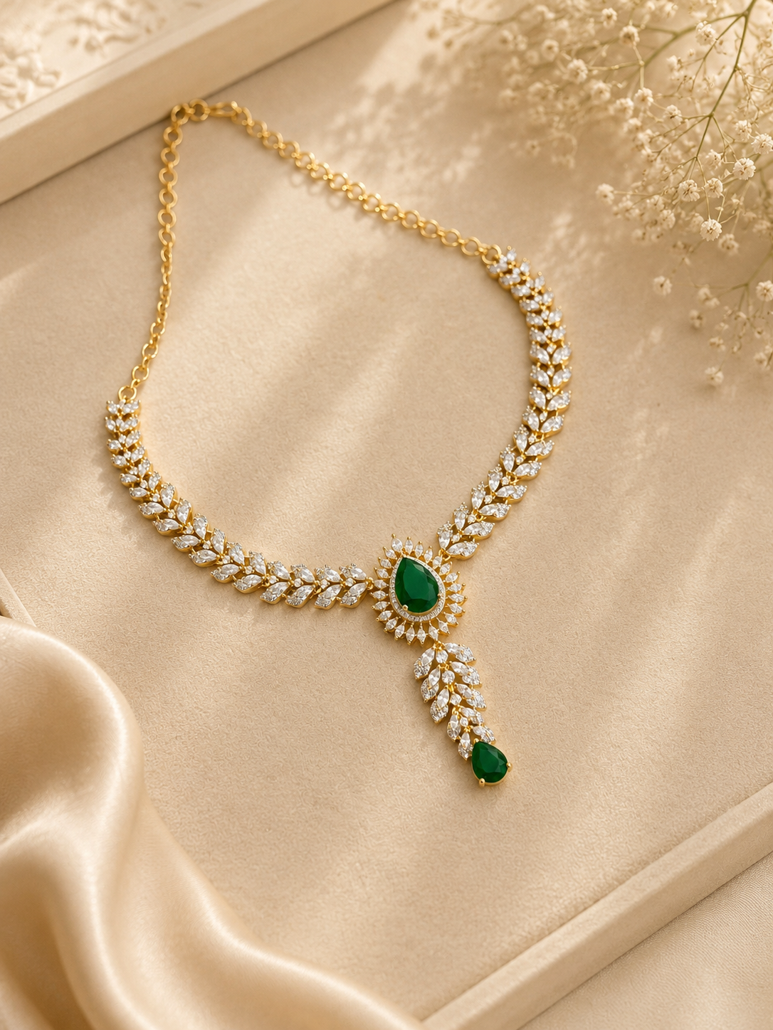 Emerald Drop Diamond Look Necklace Set | Green Stone American Diamond Jewellery