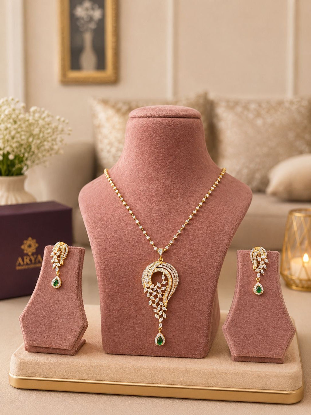 Paisley Diamond Pendant Necklace Set with Emerald Drops