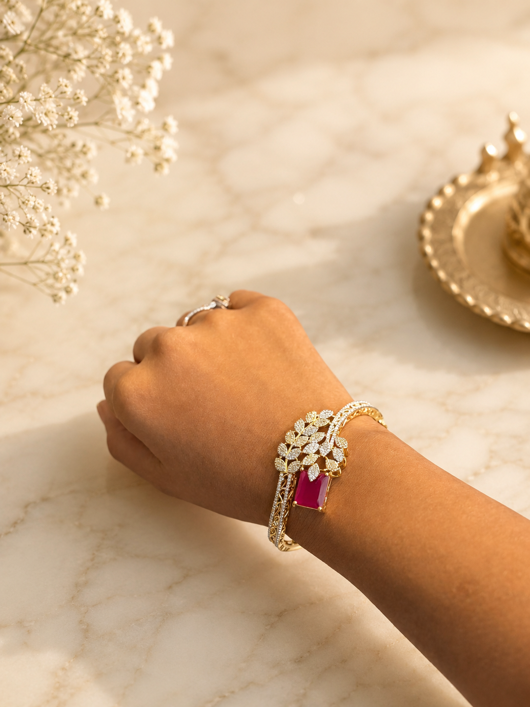 Ruby Red American Diamond Bracelet | Designer CZ Open Cuff Bracelet for Women