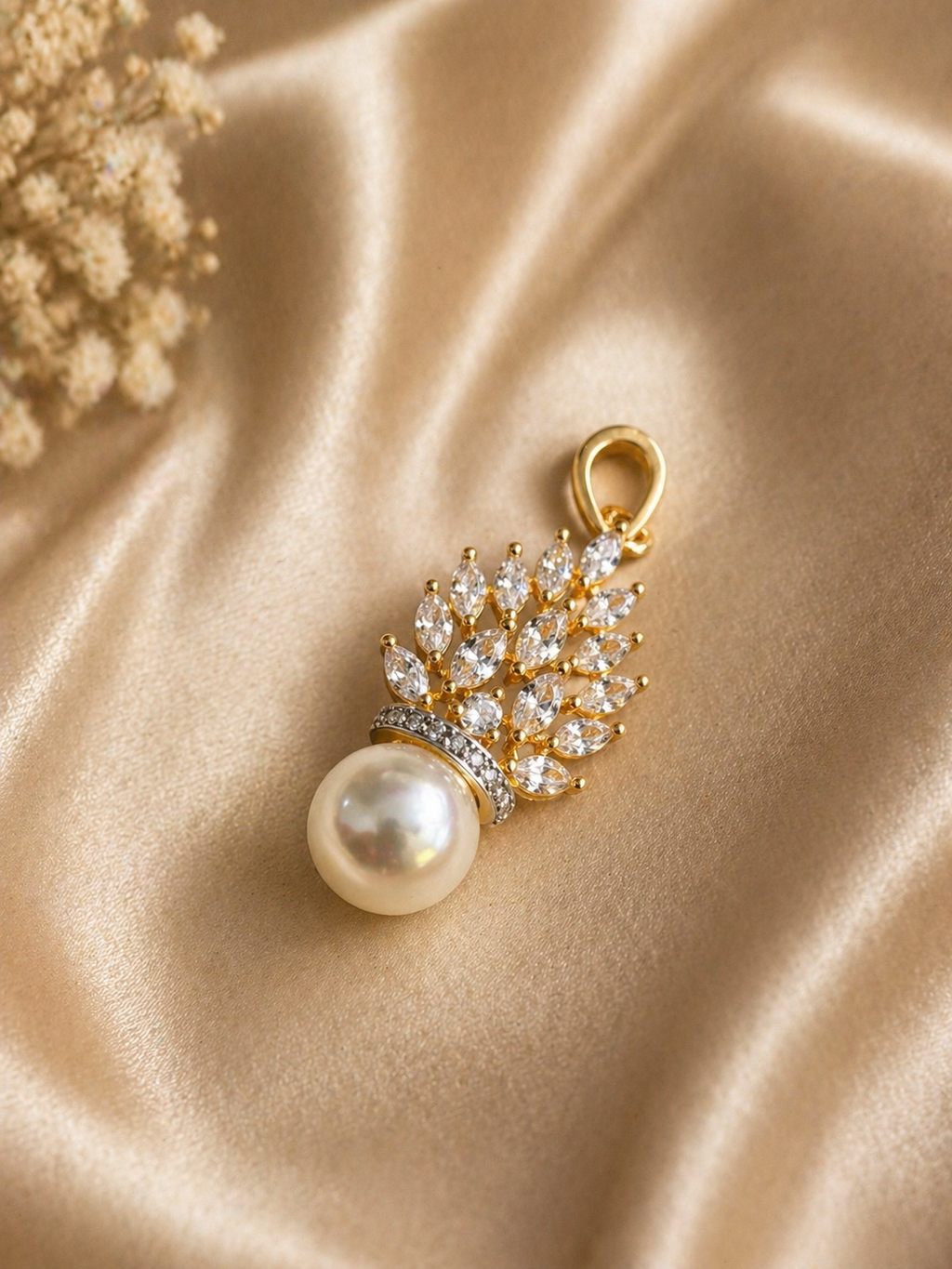 Gold Plated Pearl Drop Earrings with Leaf Design and Matching Pendant Set