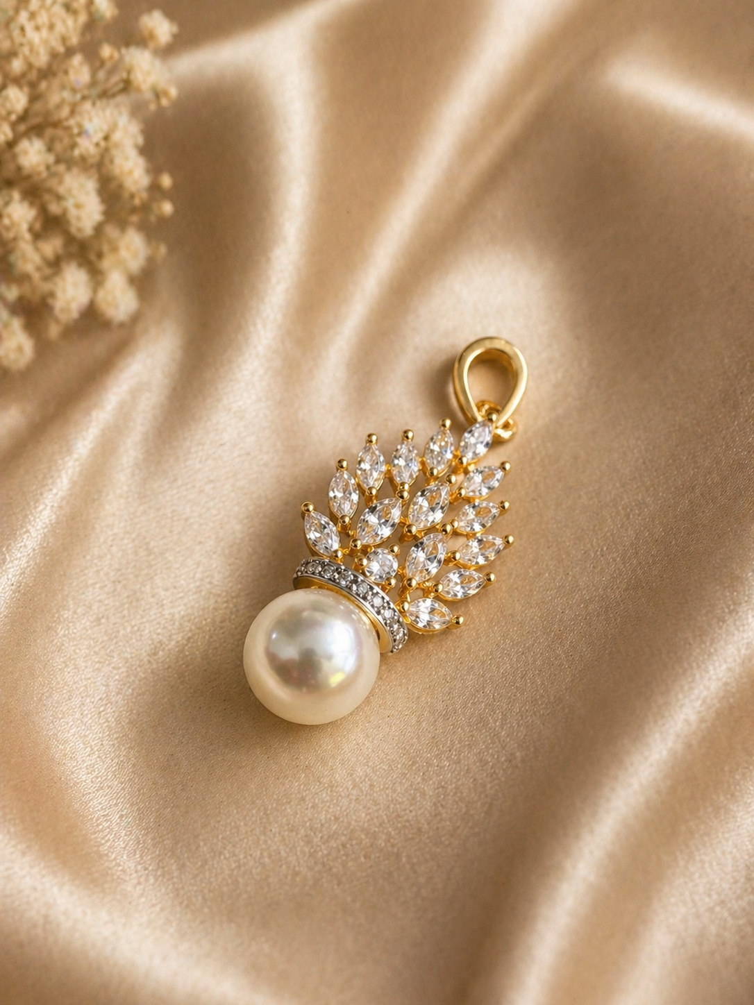 Gold Plated Pearl Drop Earrings with Leaf Design and Matching Pendant Set