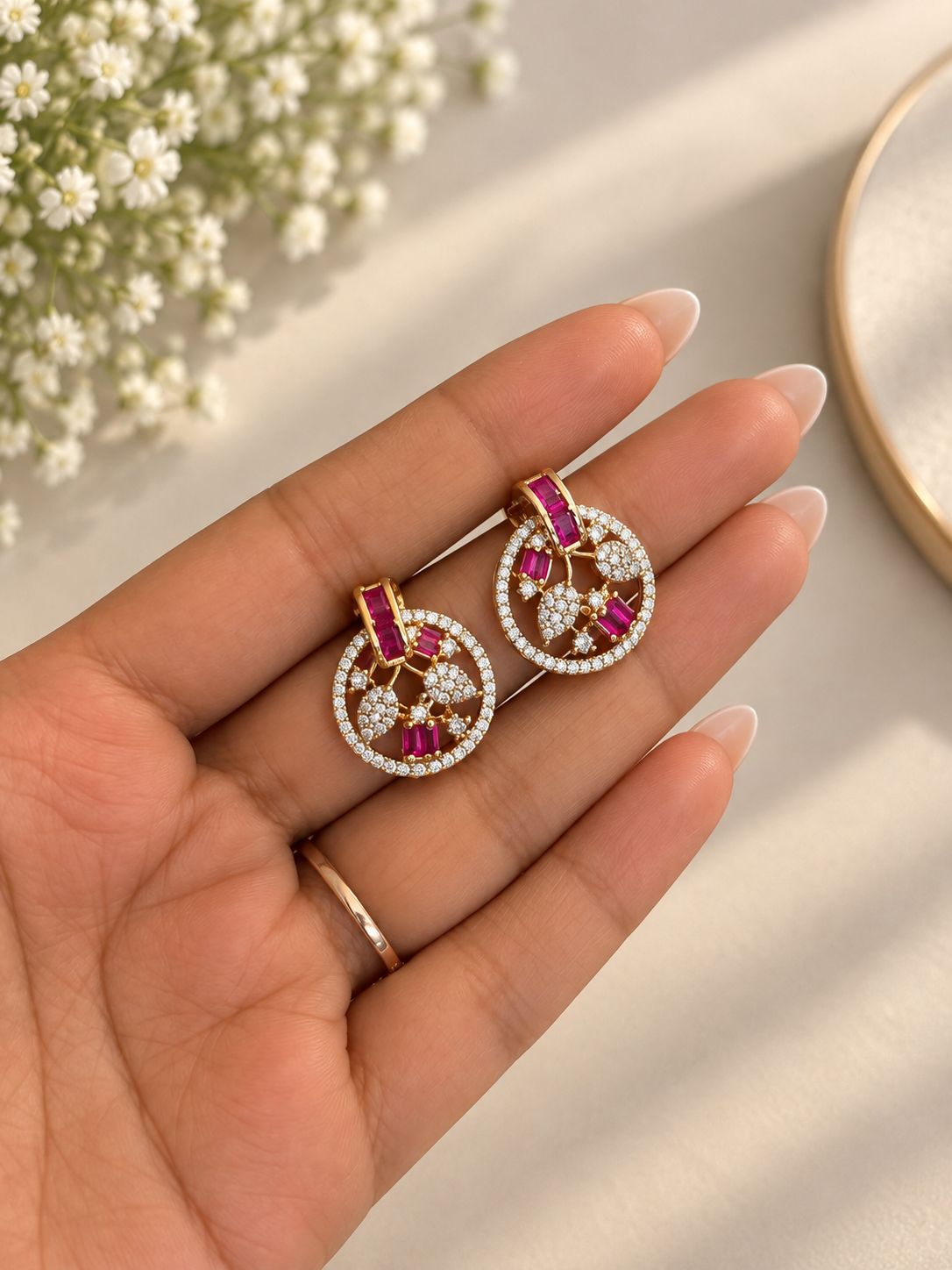Pink Stone Gold Look Pendant Necklace Set