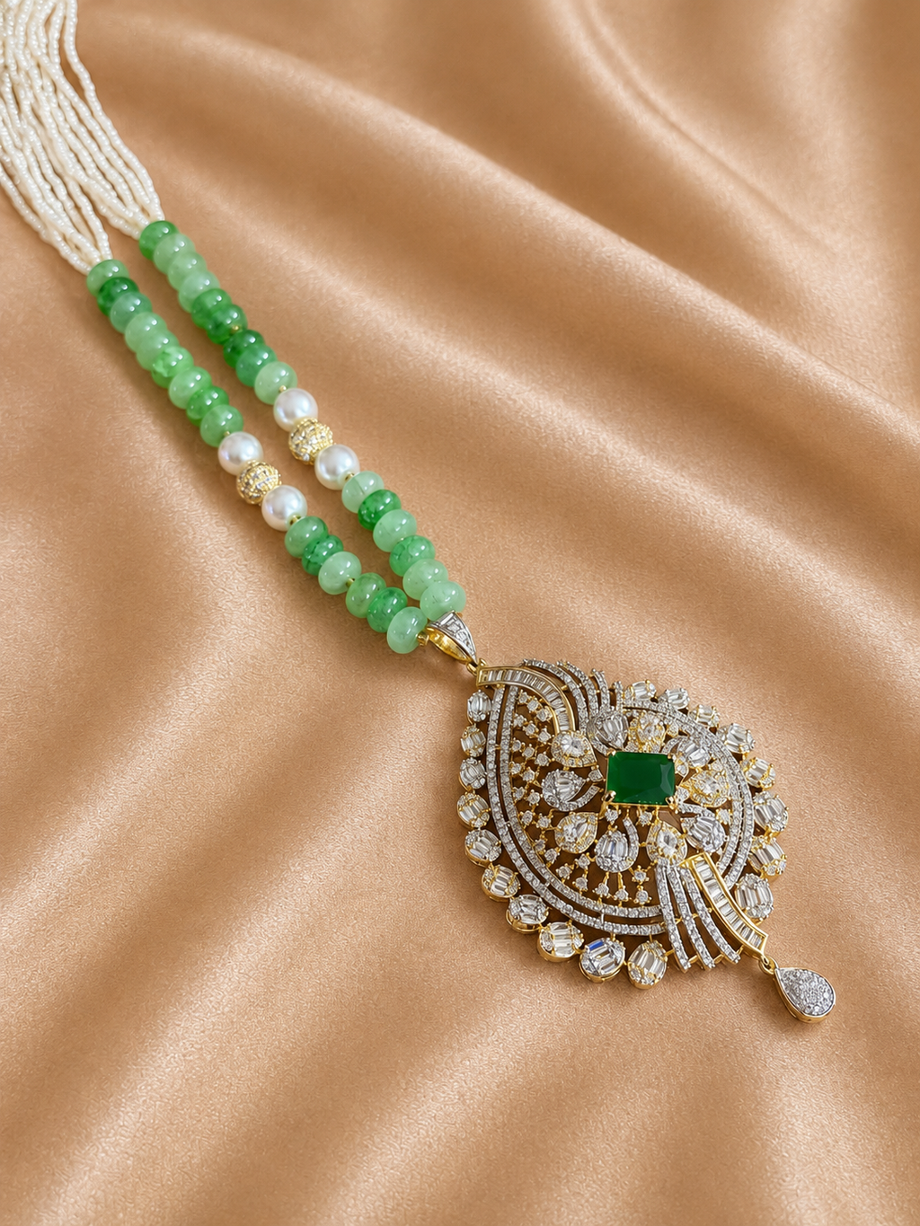 Green Beaded American Diamond Pendant Necklace Set with Earrings | Emerald Statement Jewellery