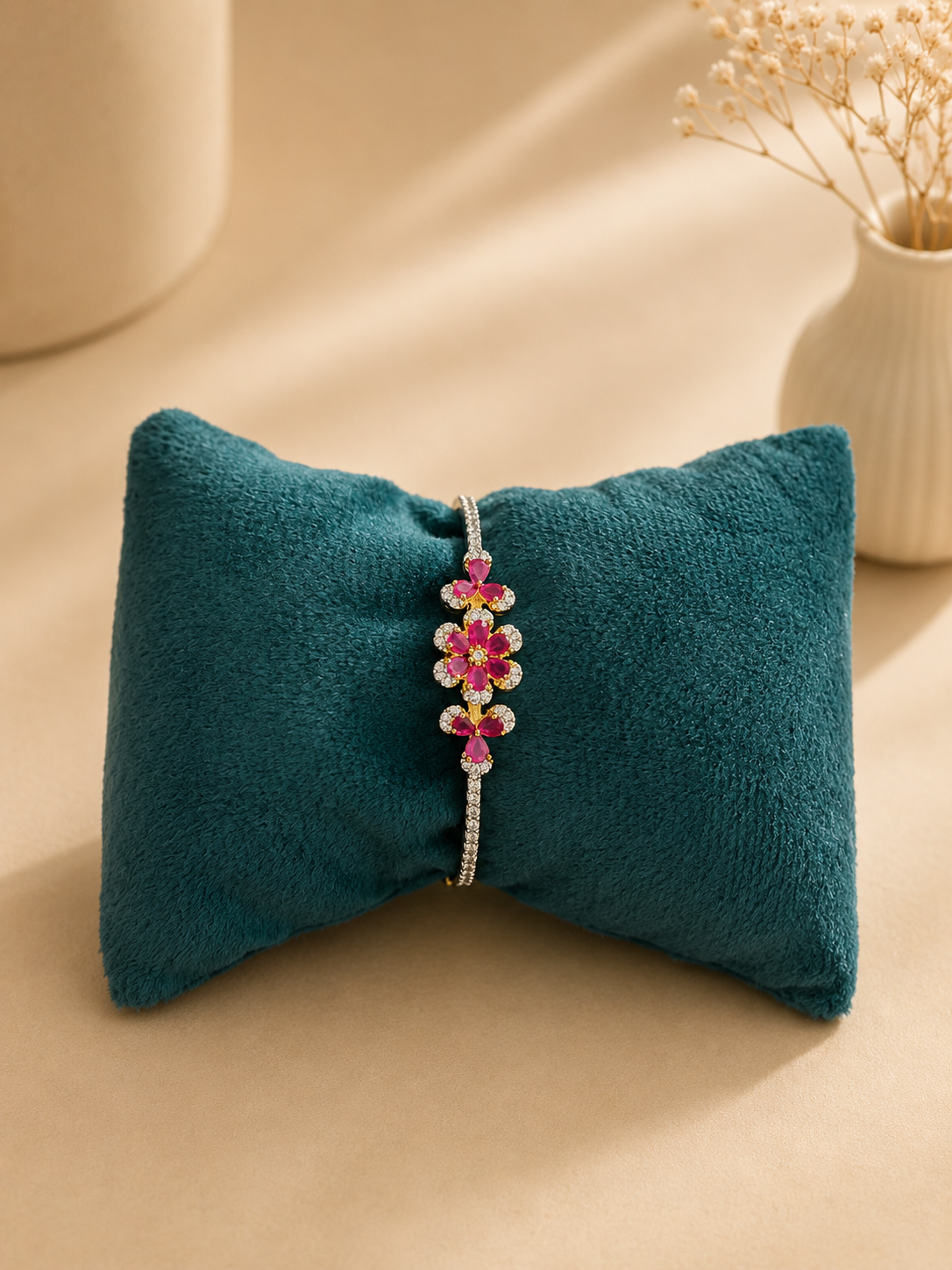 Pink Floral American Diamond Bracelet for Women | Ruby Stone Kada Bracelet | Party Wear Jewellery