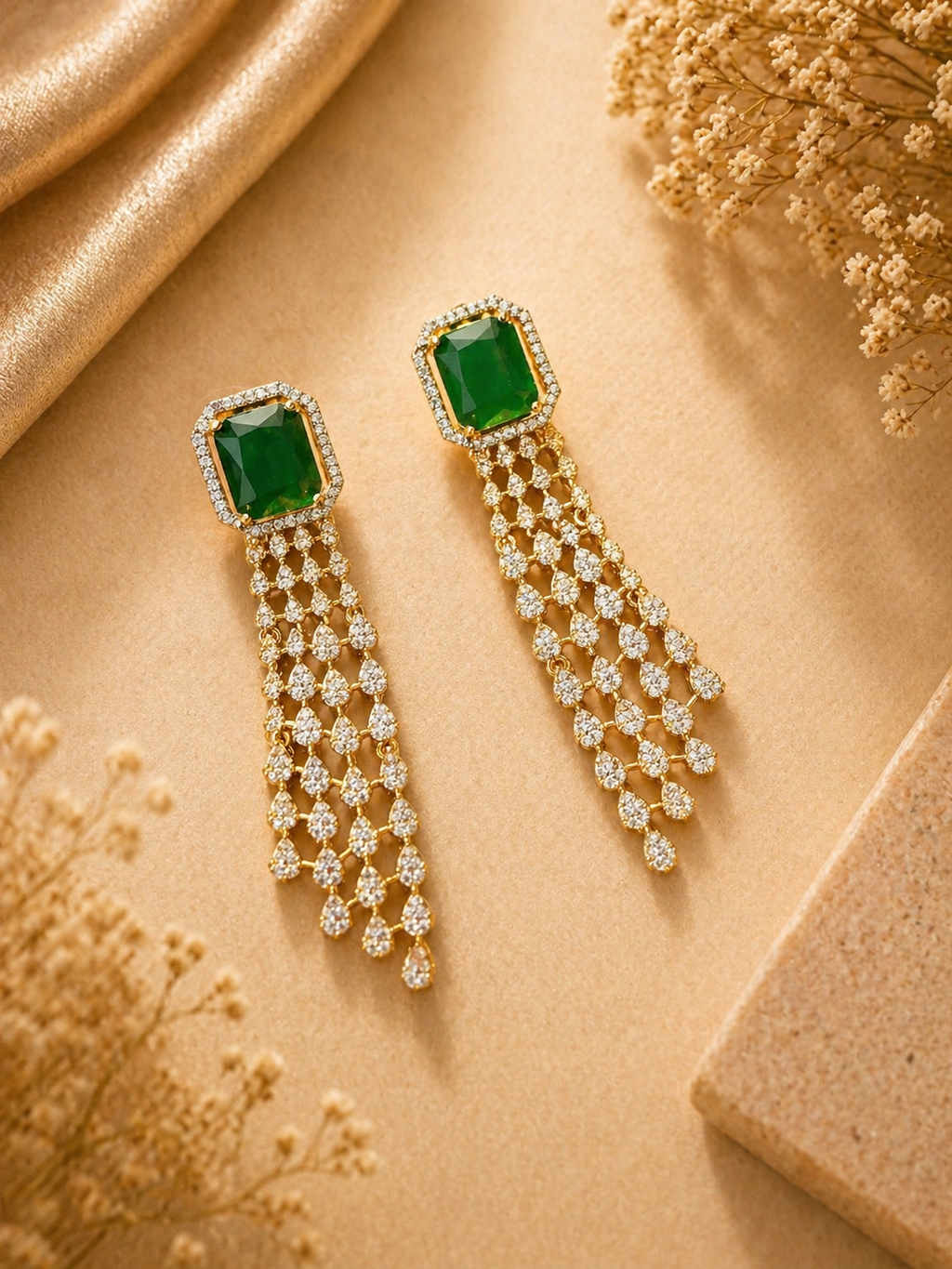 Emerald Green Statement Necklace Set with American Diamonds and Drop Earrings