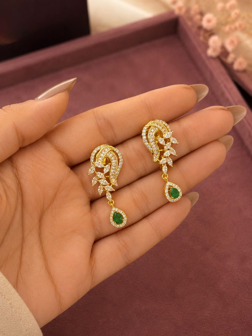 Paisley Diamond Pendant Necklace Set with Emerald Drops