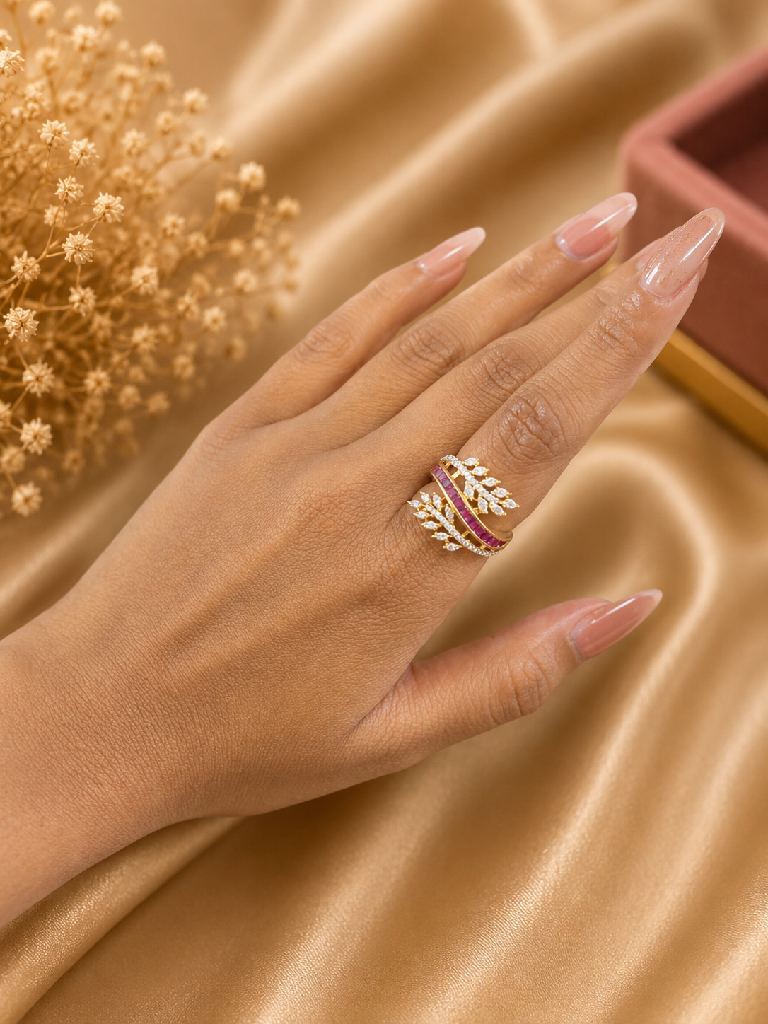 Ruby Pink Leaf Wrap Ring | American Diamond Adjustable Designer Statement Ring for Women
