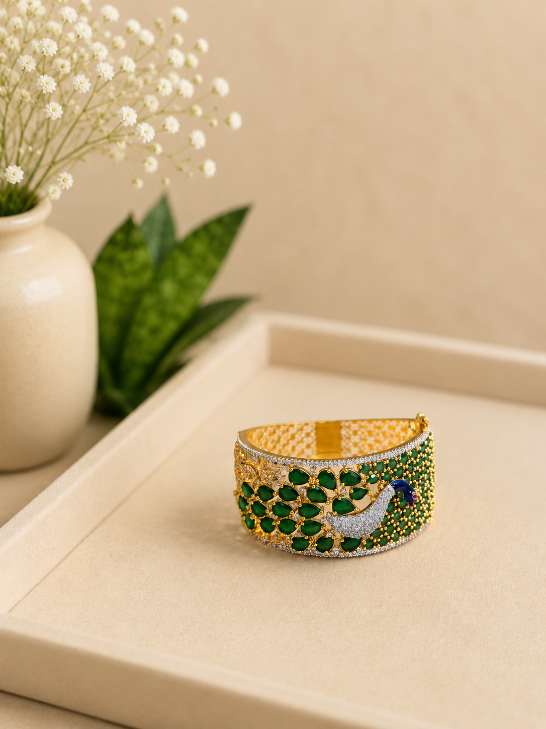 Mayura Emerald Statement Kada Bracelet | Peacock Design Green Stone Luxury Cuff